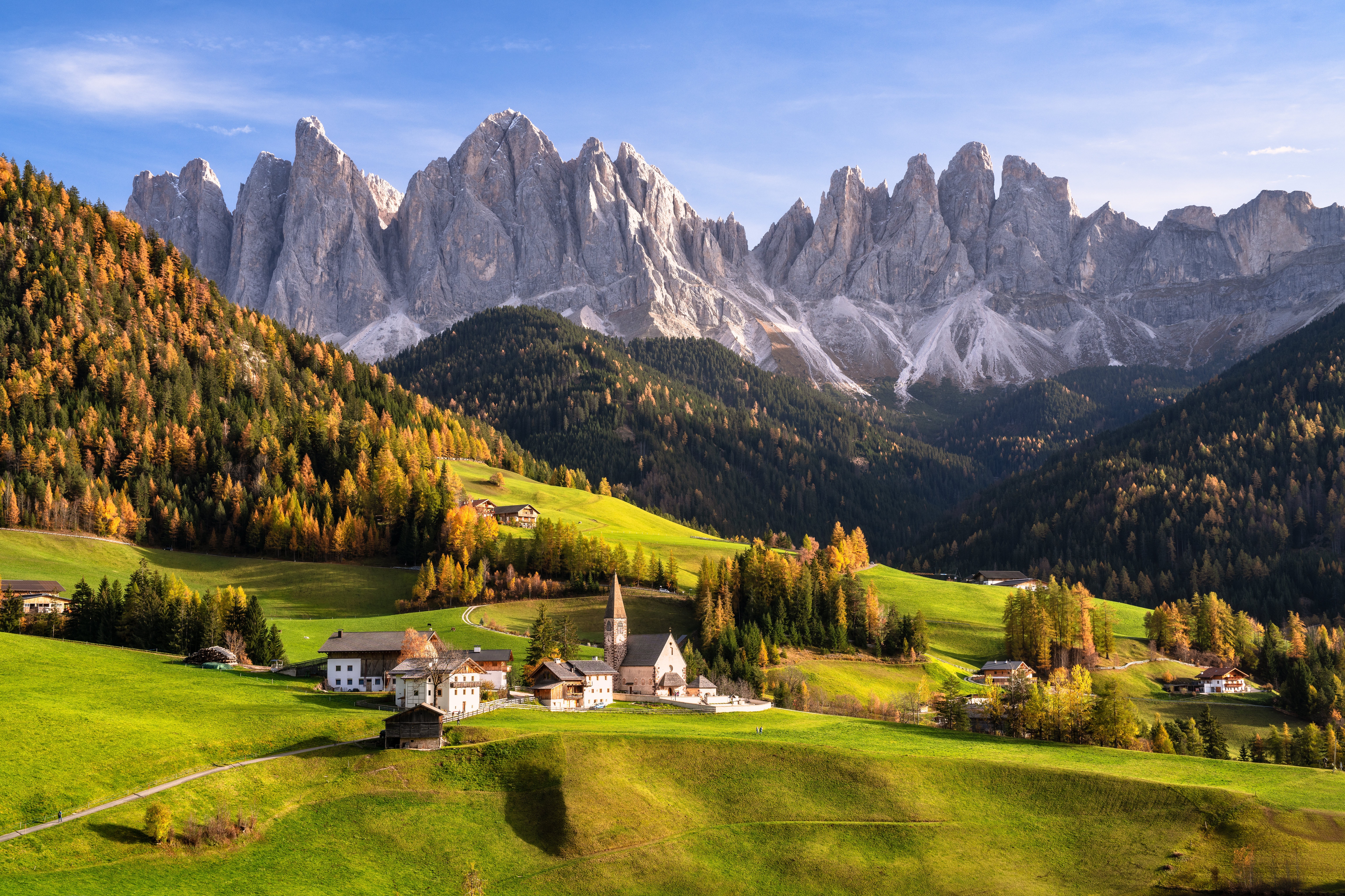 South Tyrol Italy Mountains Scenery with Church and Houses HD Wallpaper