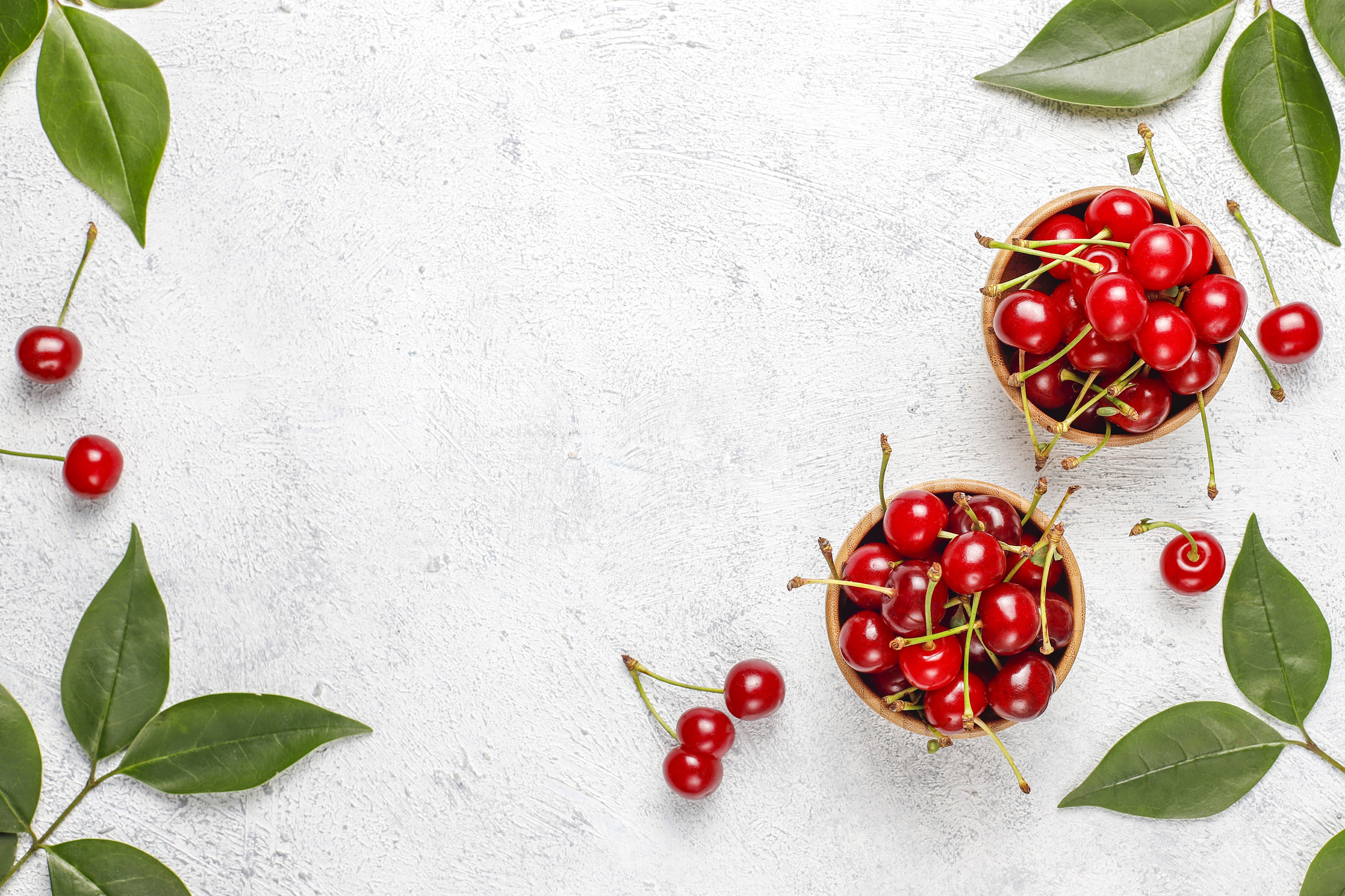 Cherries in Bowls with Leaves HD Wallpaper