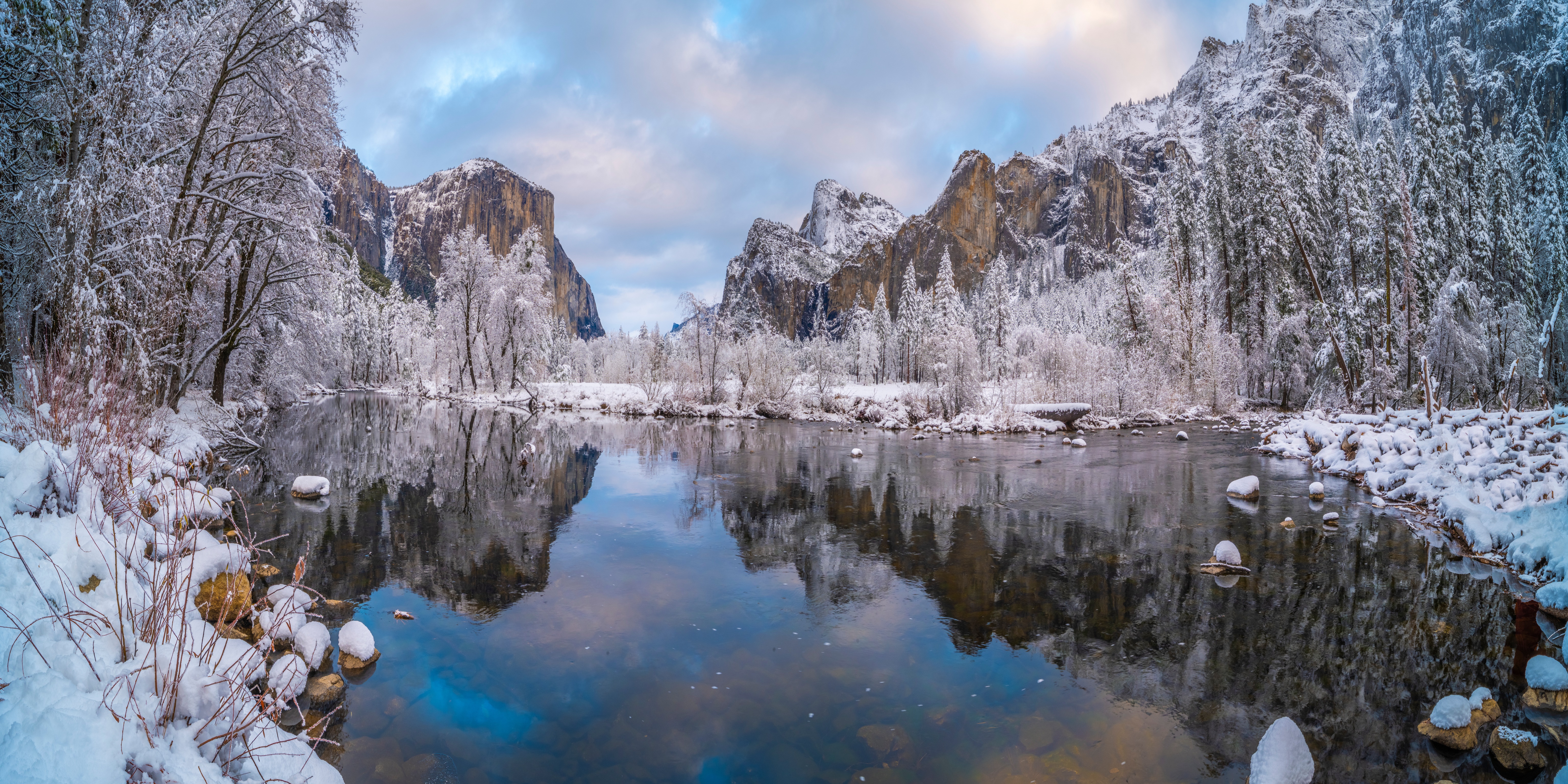Yosemite National Park in Winter with Snow and River HD Wallpaper