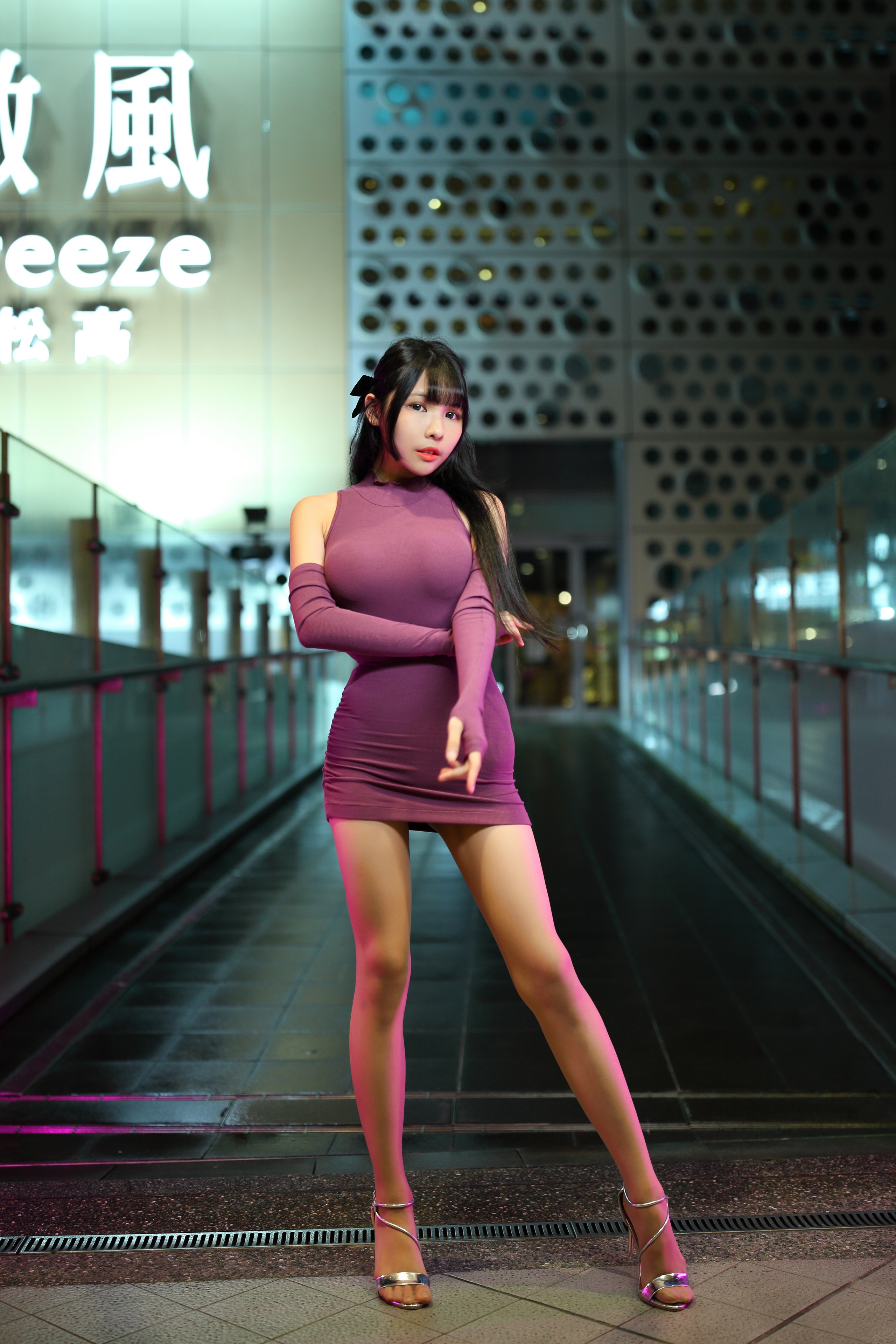 Asian woman in purple dress posing at night HD Phone Wallpaper