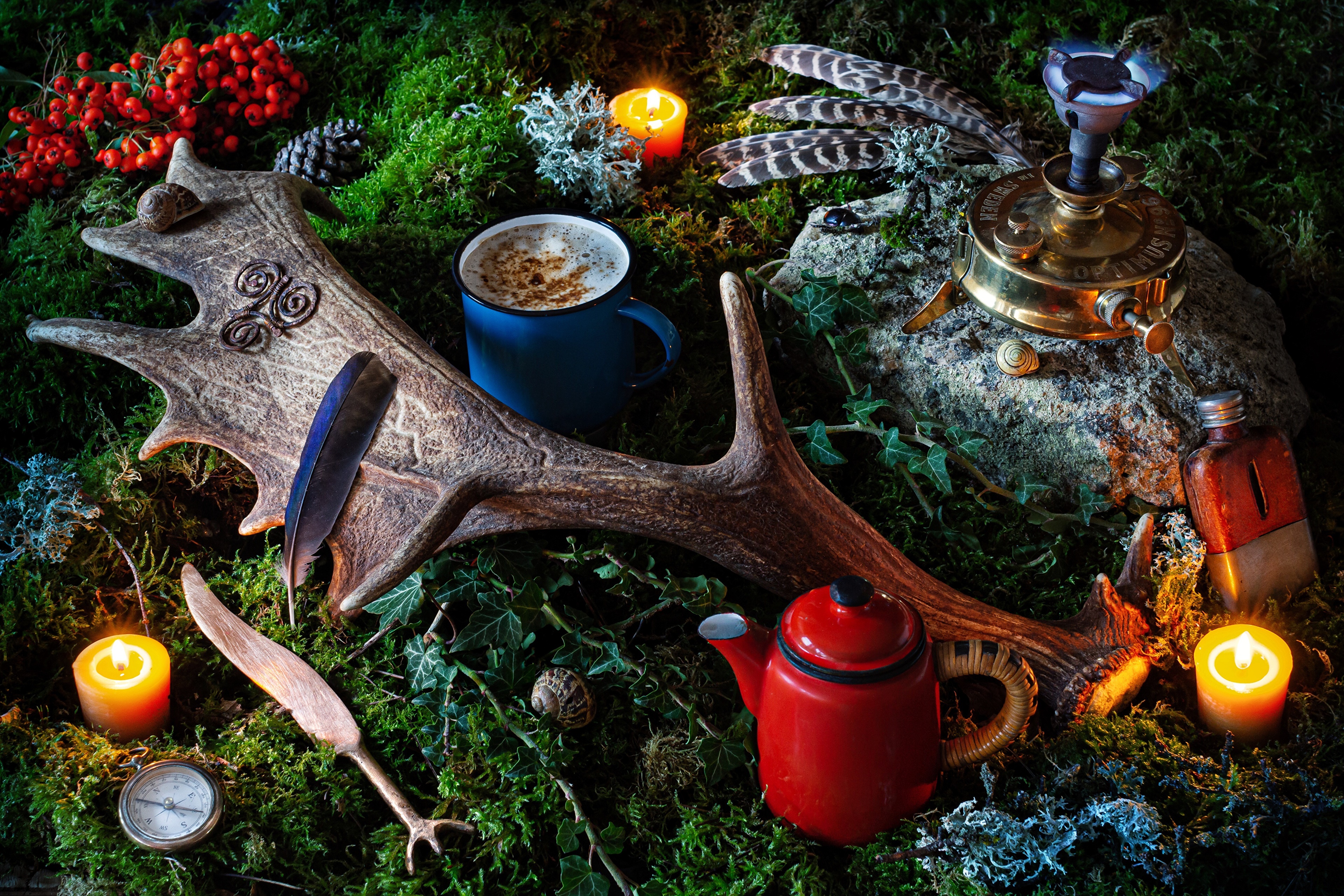 4K Still Life with Antler, Coffee, and Candles HD Wallpaper