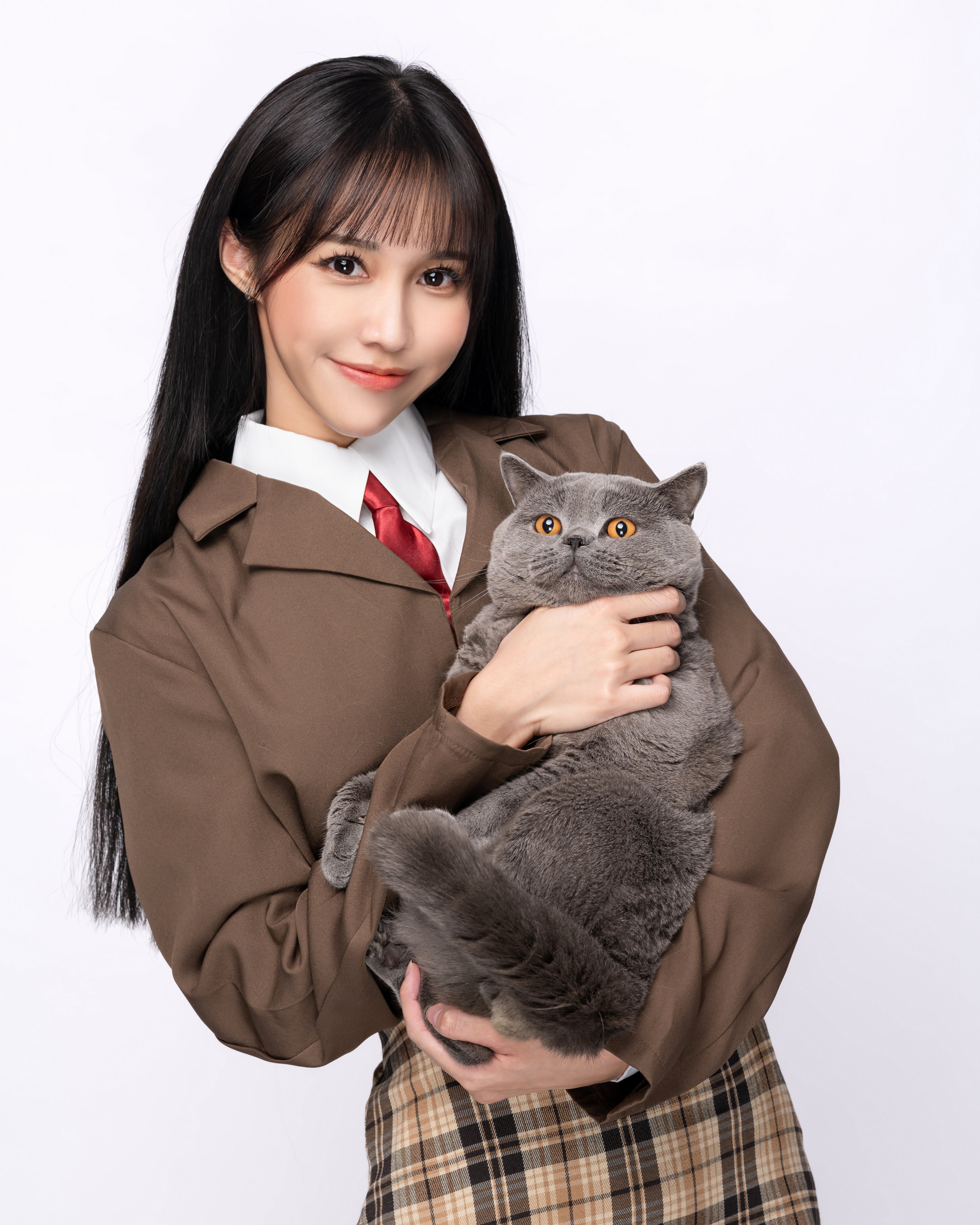 Asian girl holding a British Shorthair cat HD Phone Wallpaper