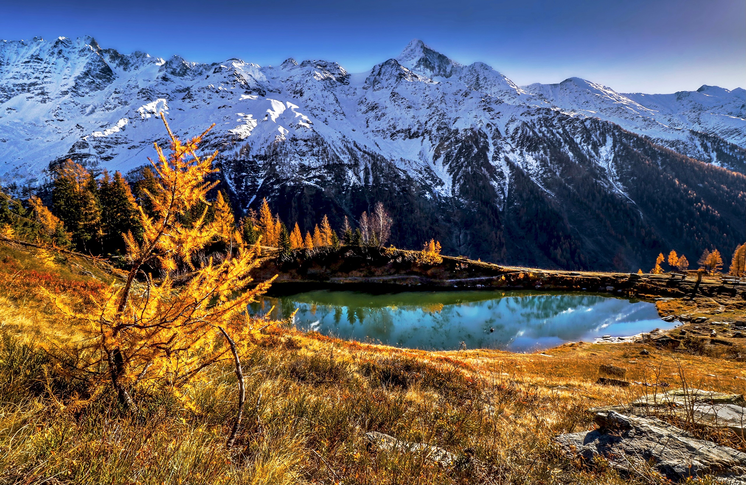 Autumn mountains and lake in Switzerland HD Wallpaper