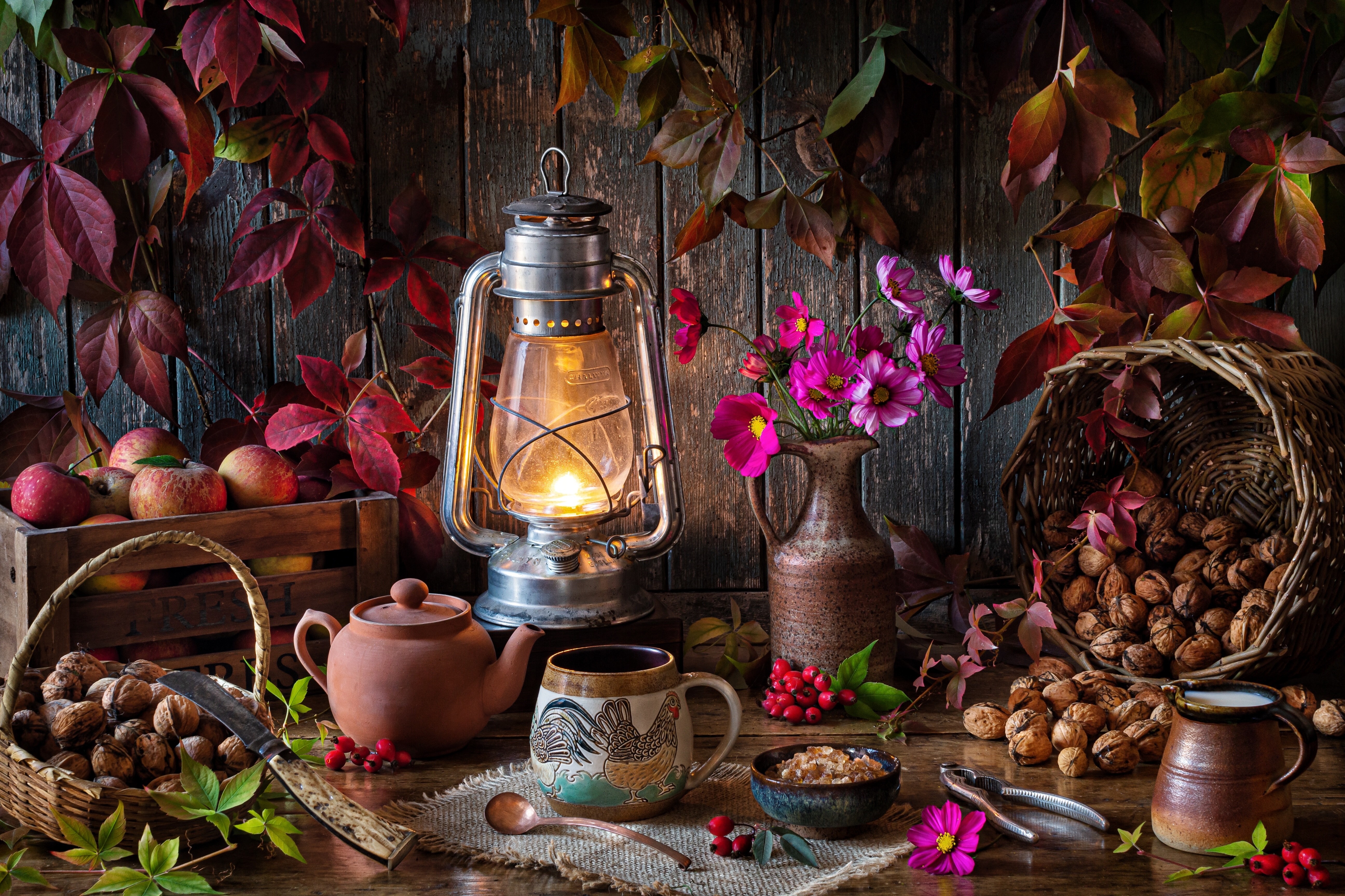 Autumn still life with kerosene lamp, apples, and walnuts HD Wallpaper