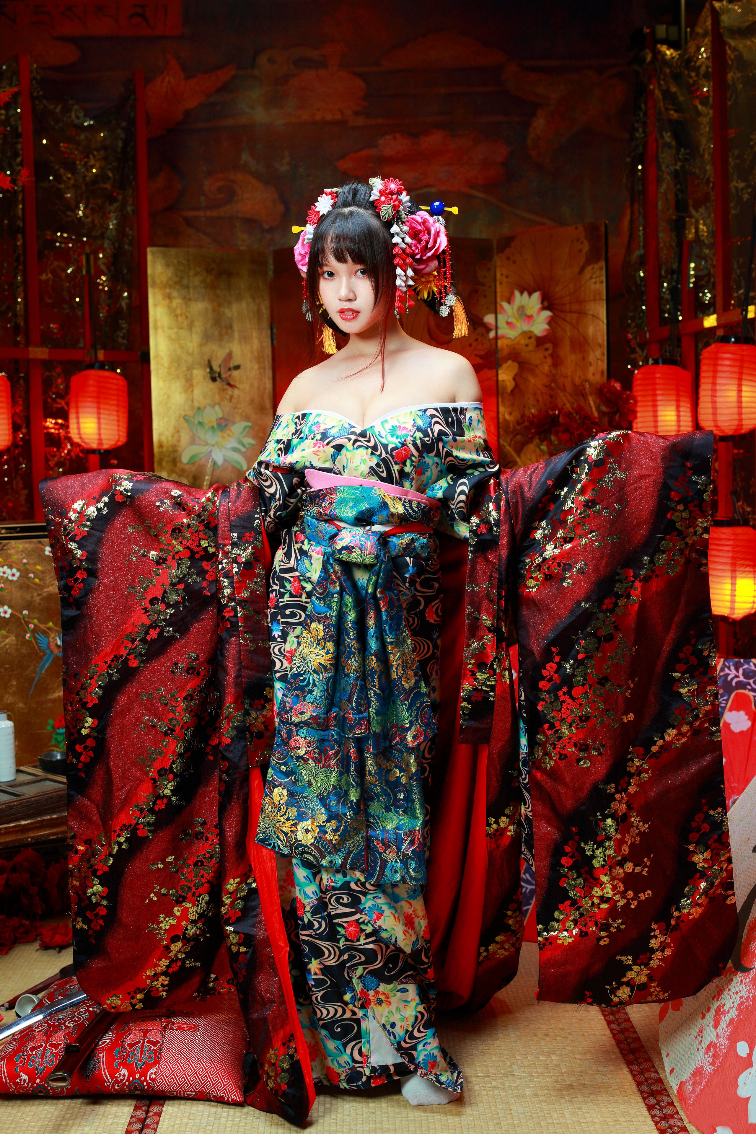 Woman in a colorful kimono with flowers in her hair HD Phone Wallpaper