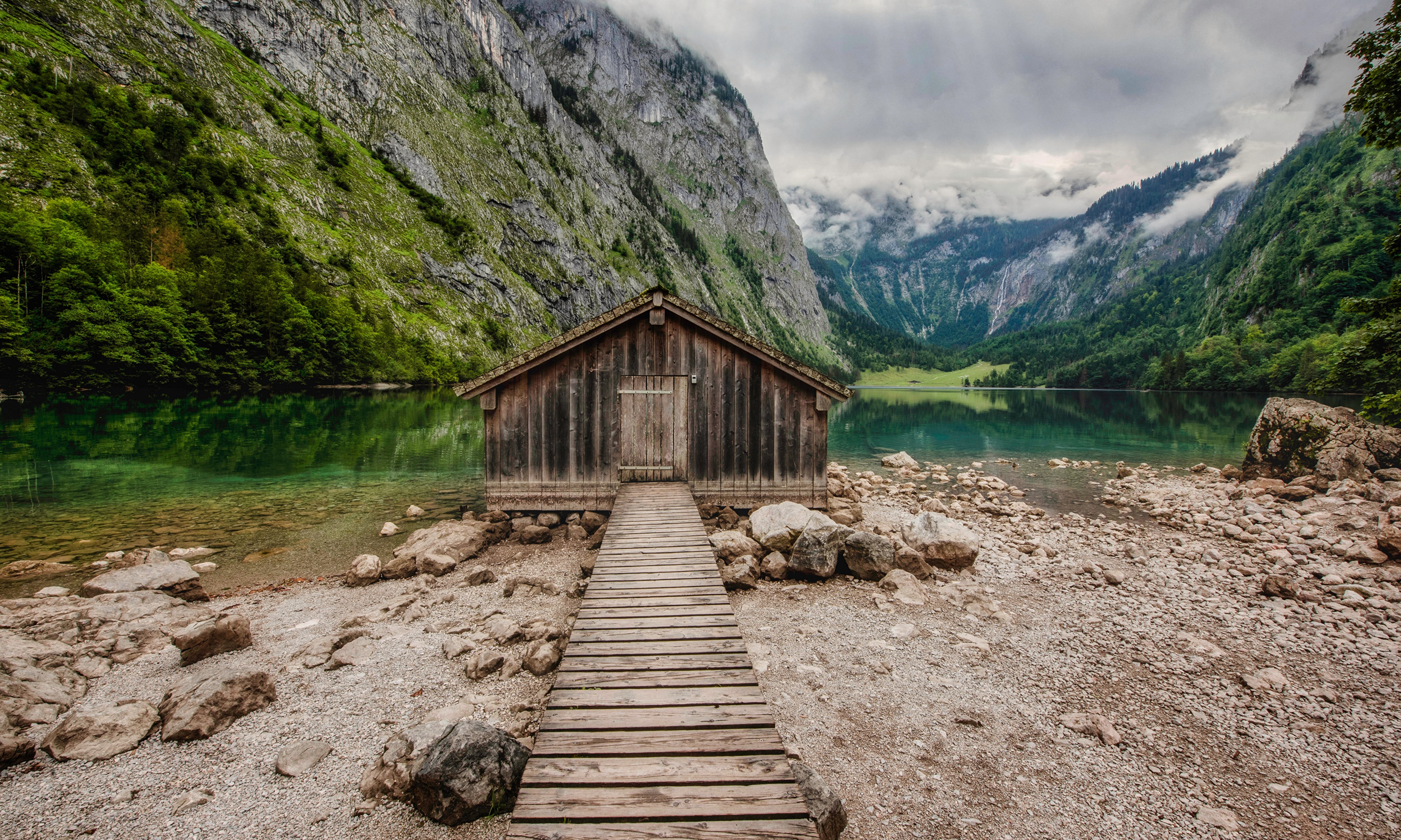 4K Obersee Germany Mountains Lake Wooden Boathouse HD Wallpaper