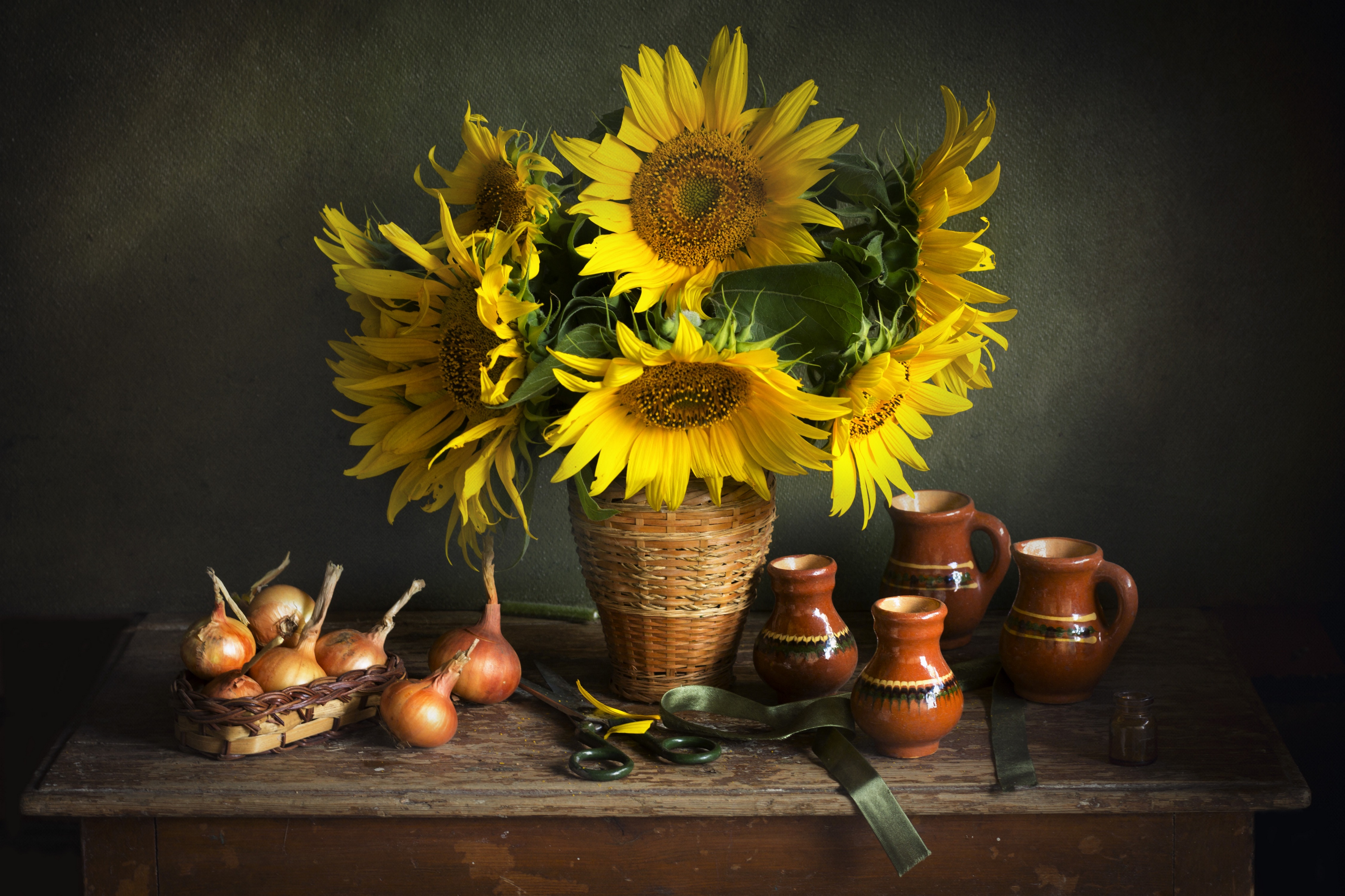Still-life with Sunflowers, Onions, and Jugs HD Wallpaper