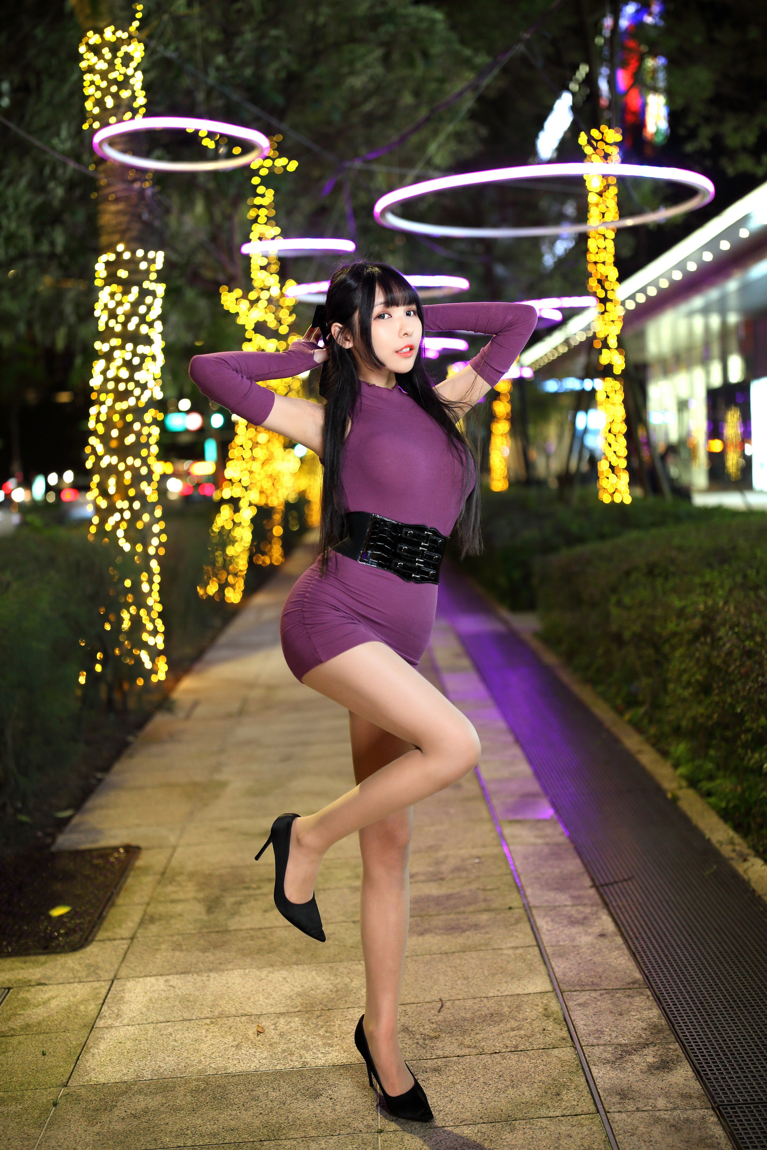 Asian woman in purple dress posing at night HD Phone Wallpaper