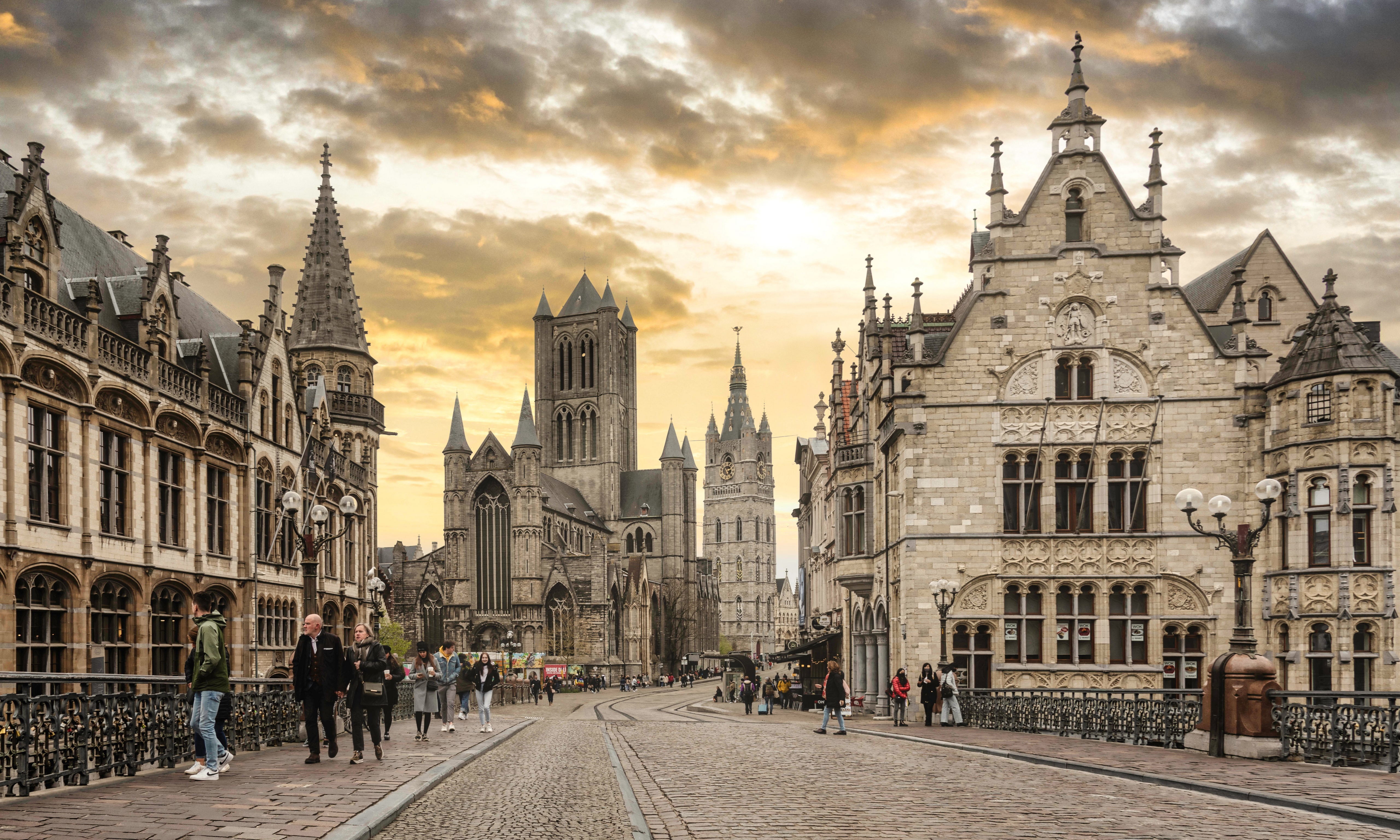 St. Nicholas Church and St. Michael's Bridge in Ghent, Belgium HD Wallpaper