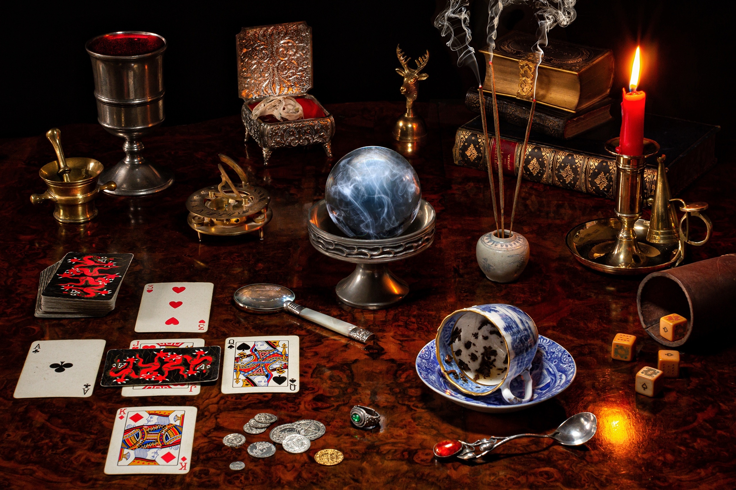 Still life with fortune telling objects and playing cards HD Wallpaper