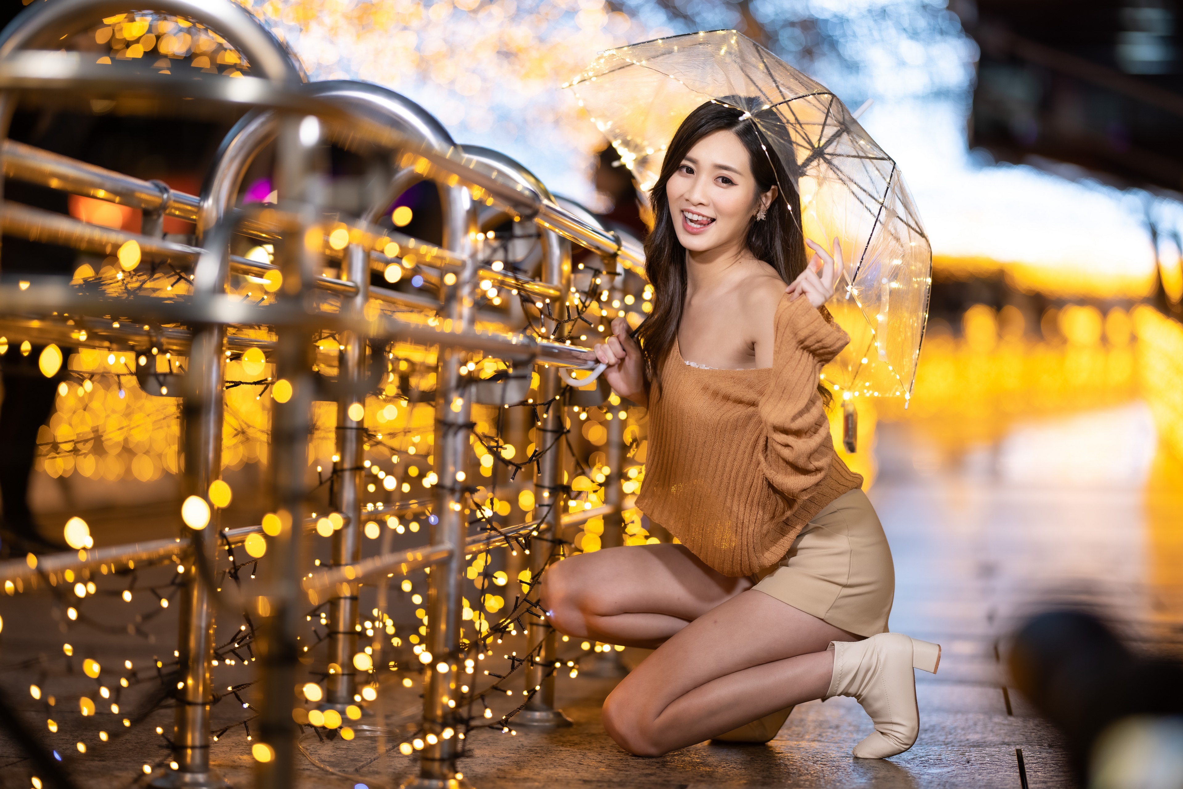Asian woman with umbrella and lights HD Wallpaper