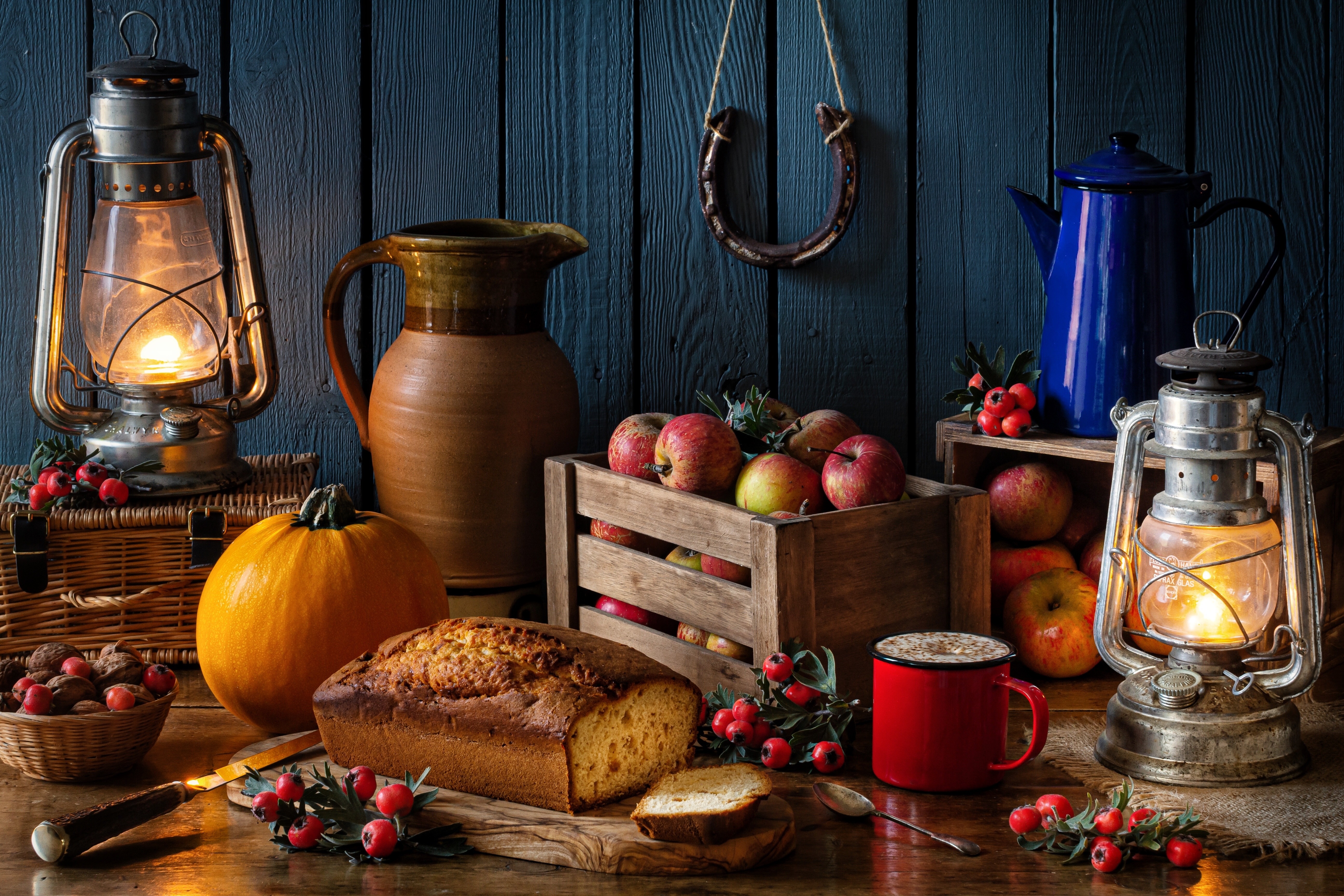 Still-life with Kerosene lamps, apples, pumpkin, pound cake, jug, and mug HD Wallpaper