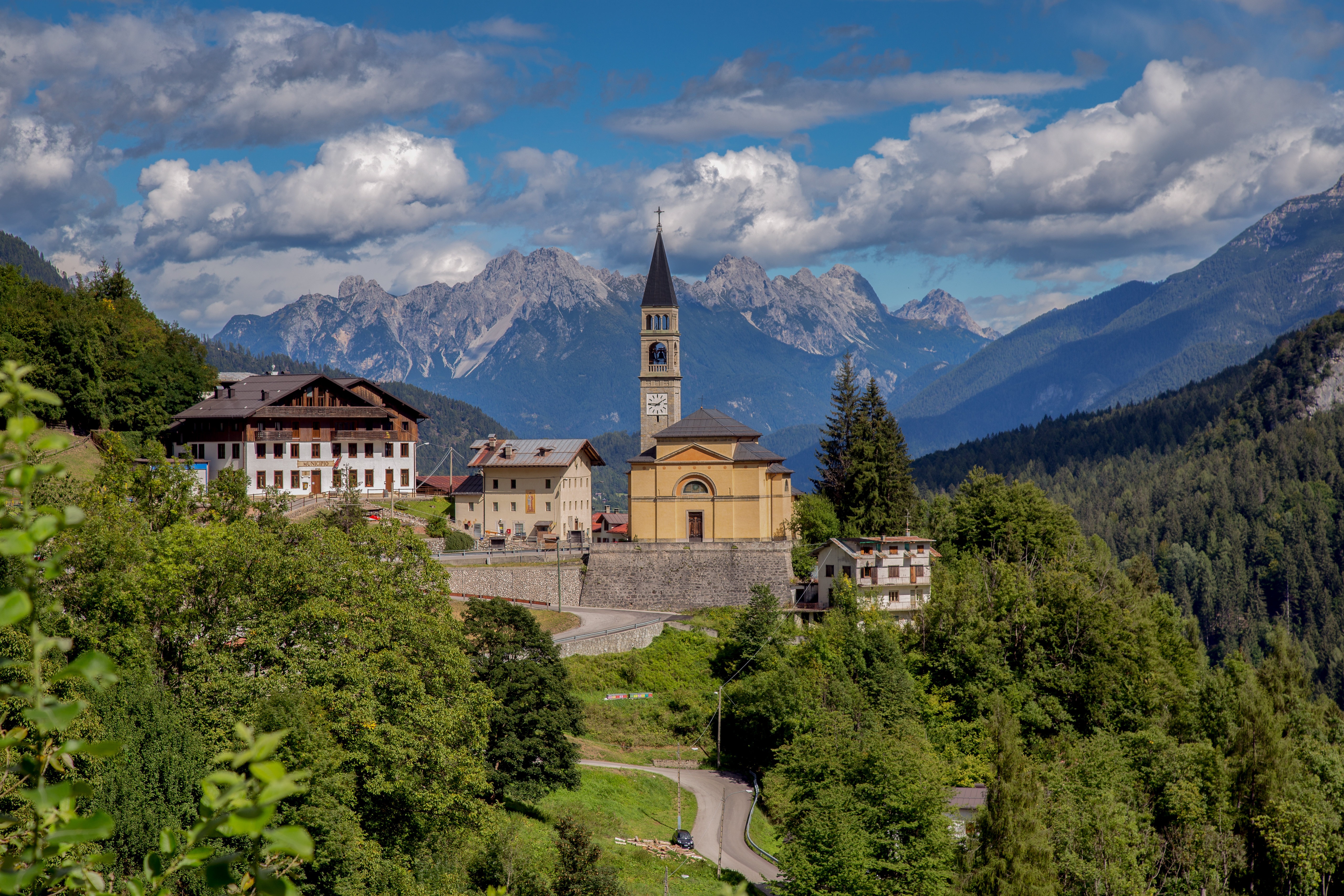 Cibiana Di Cadore, Italy: Church and Houses in the Alps HD Wallpaper