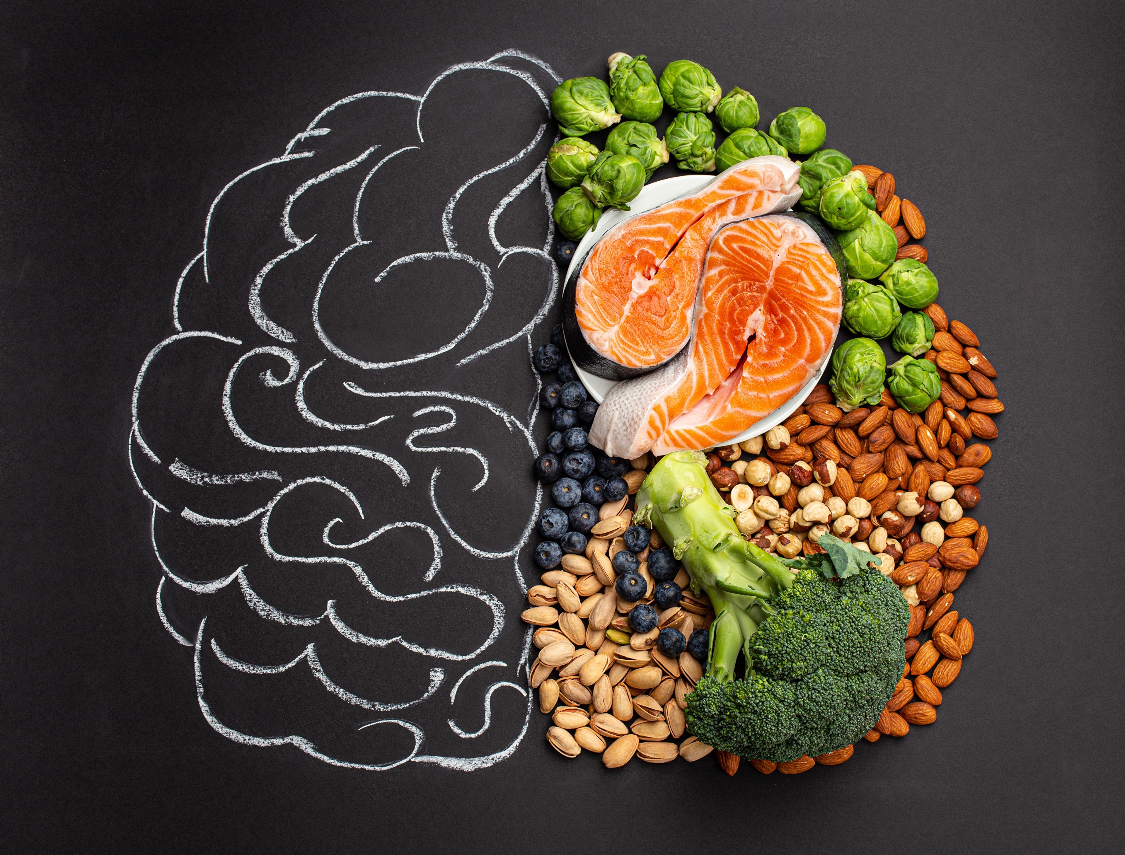 Brain health foods: Salmon, blueberries, nuts, broccoli, Brussels sprouts HD Wallpaper
