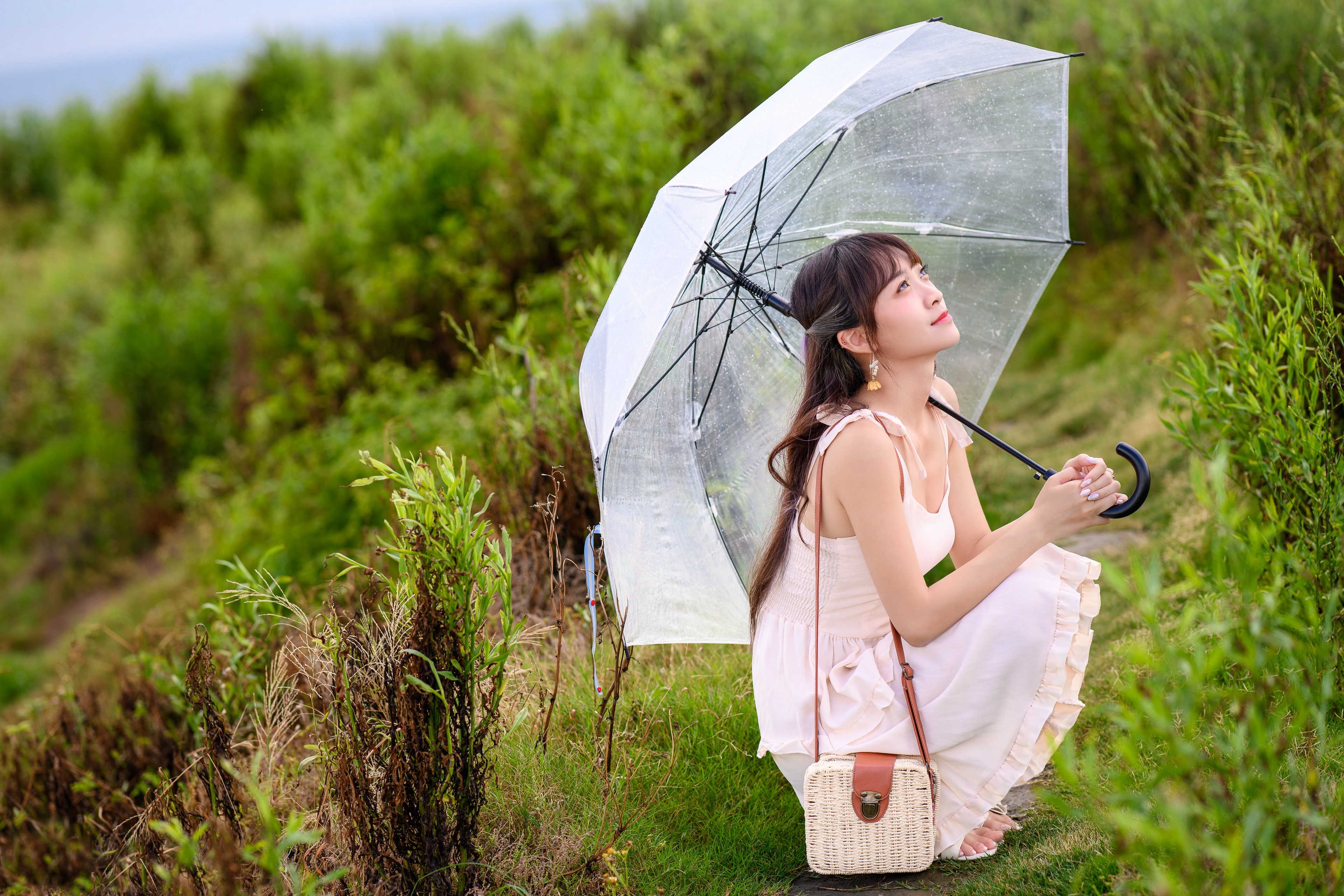 Asian woman with umbrella and handbag in nature HD Wallpaper