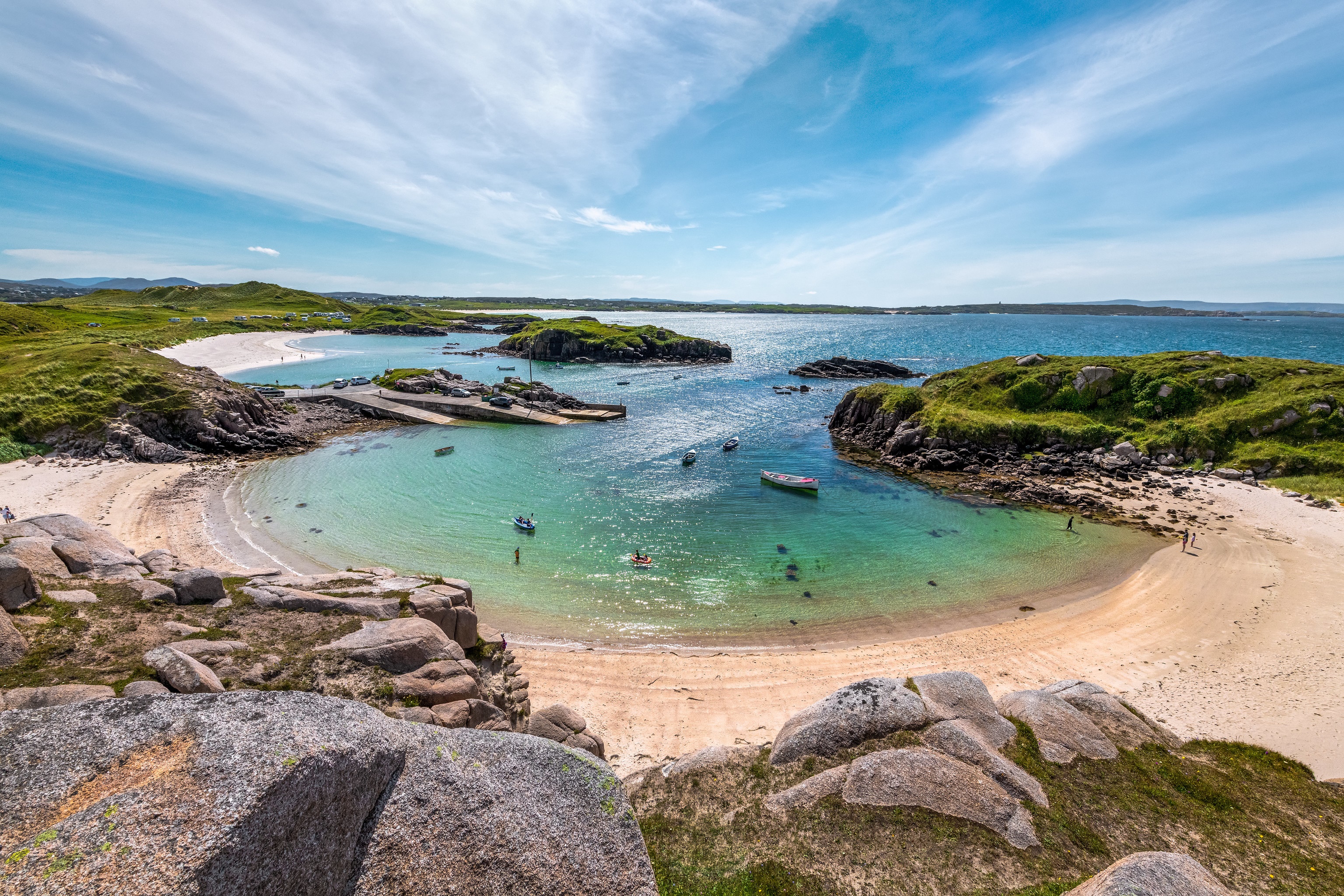 Carrickfinn Beach Ireland with Boats in Cove HD Wallpaper