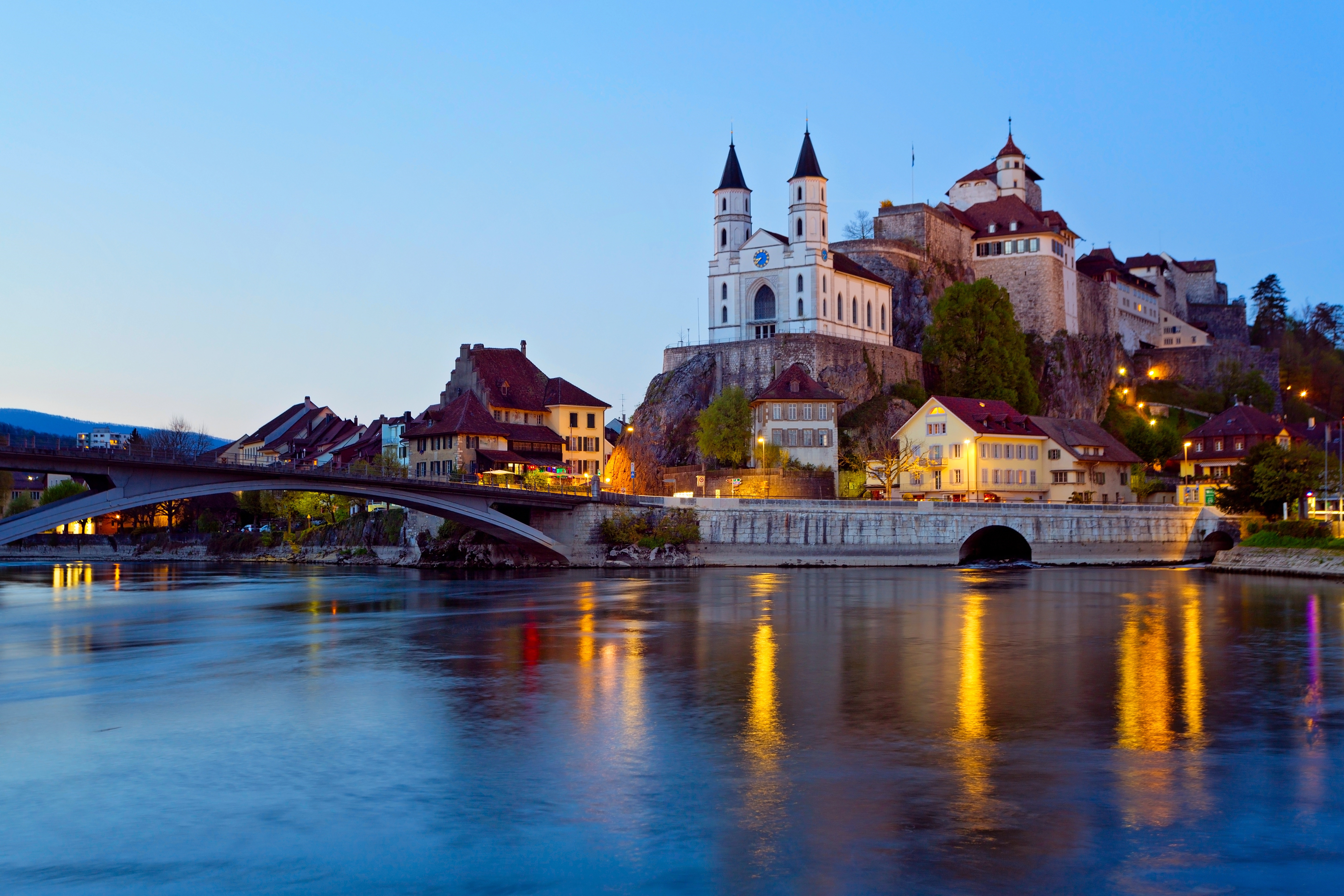 Arburg Castle and River at Dusk, Switzerland HD Wallpaper