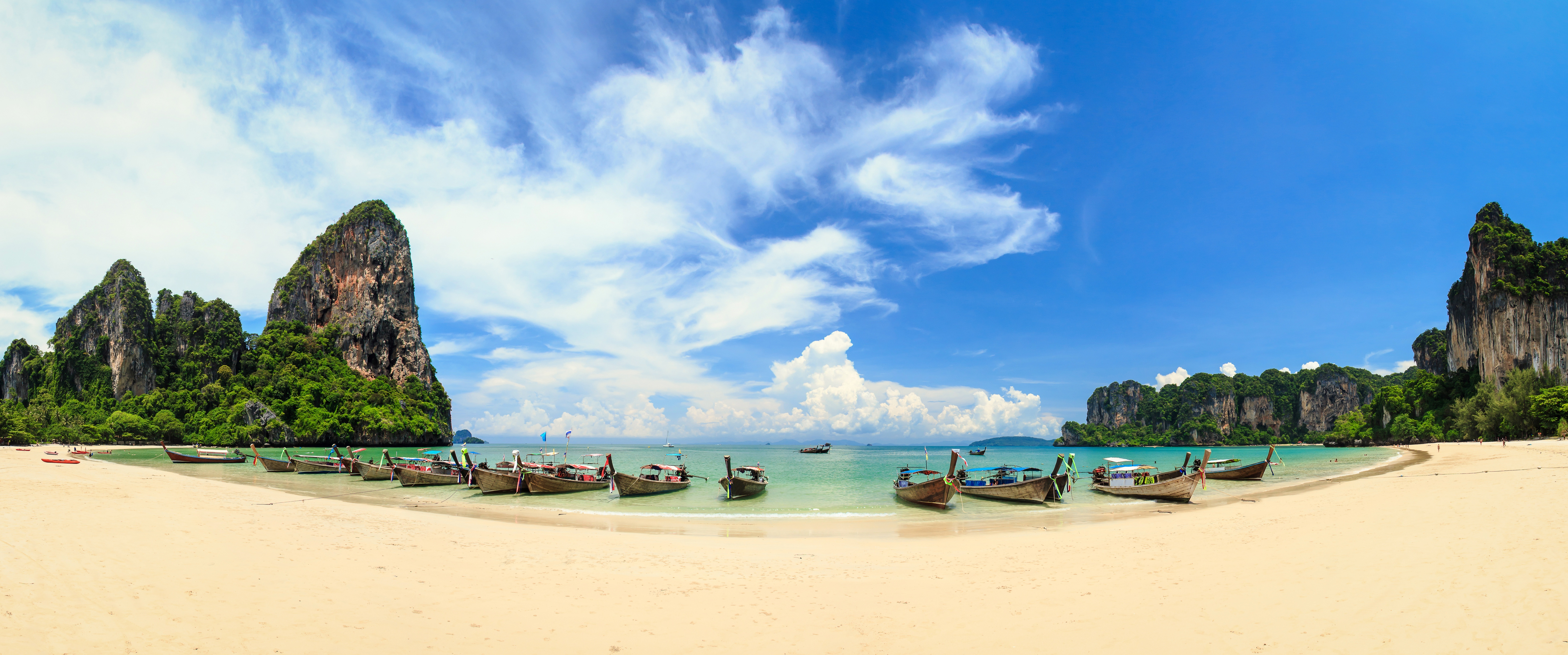 Panorama of Railay Beach, Krabi, Thailand with longtail boats HD Wallpaper