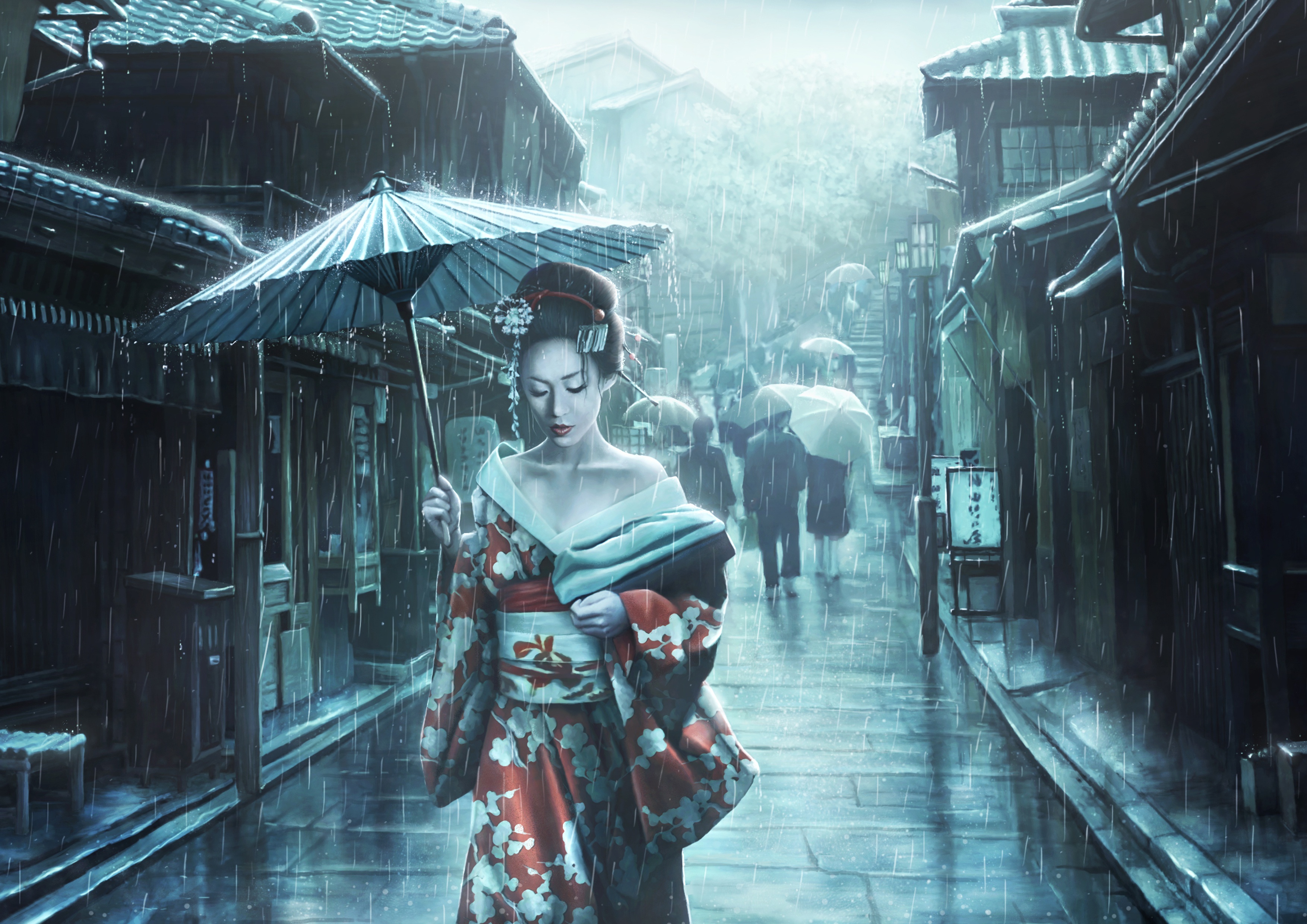 Geisha in Kimono walking in the rain with umbrella HD Wallpaper