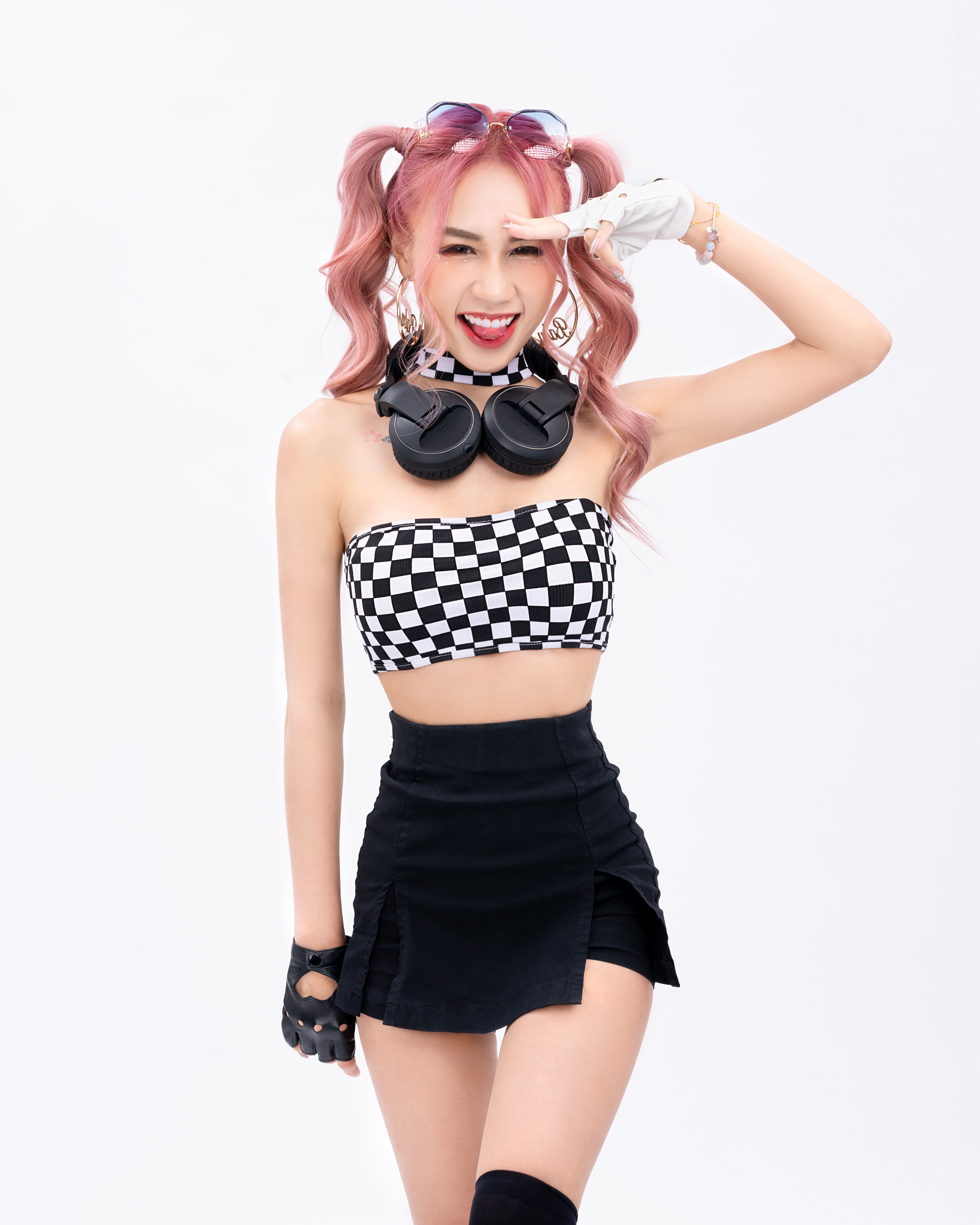 Asian woman with pink hair wearing headphones and checkered top HD Phone Wallpaper