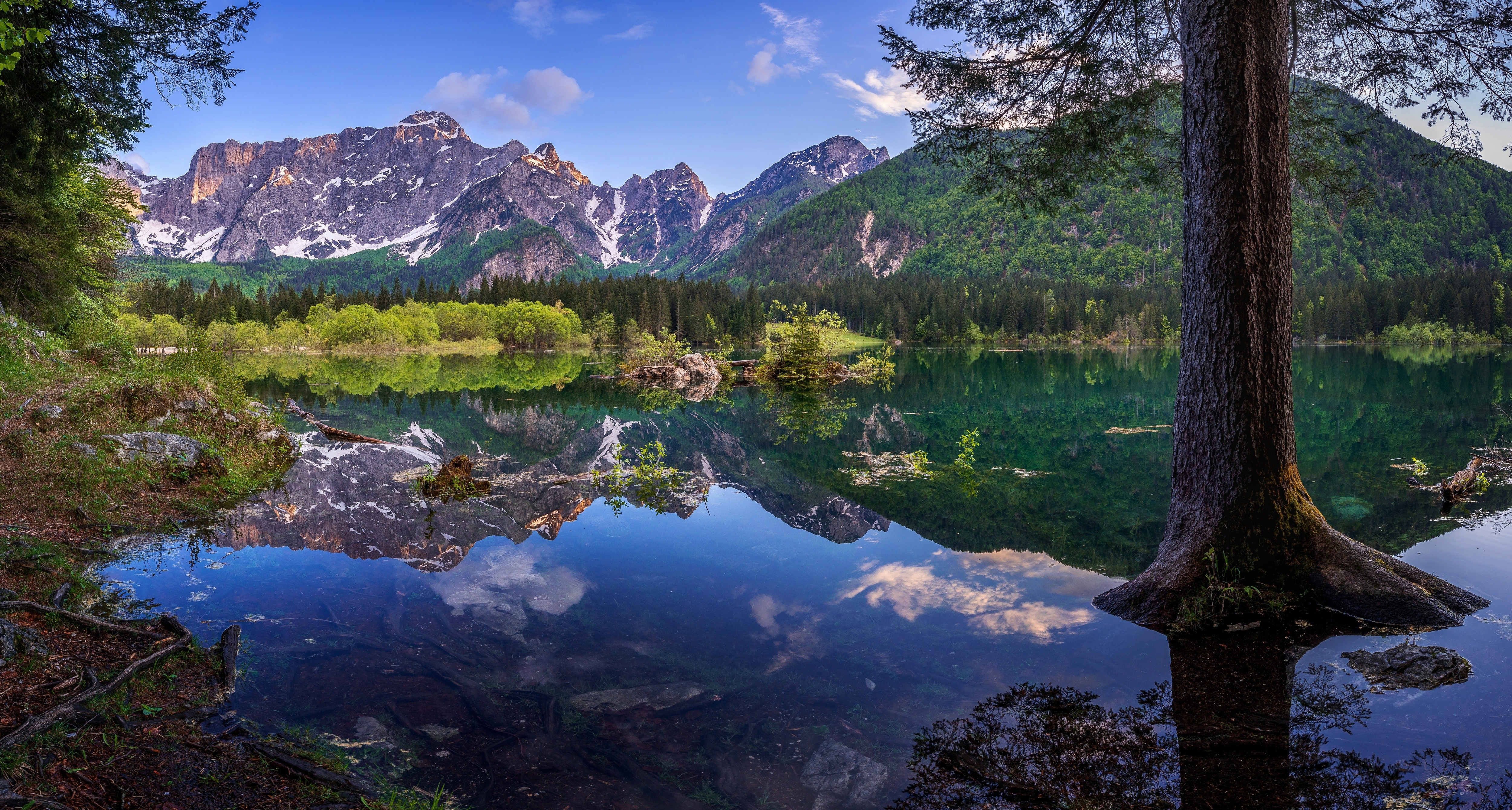 Fusine Lakes and Mangart Mountain, Julian Alps, Italy HD Wallpaper
