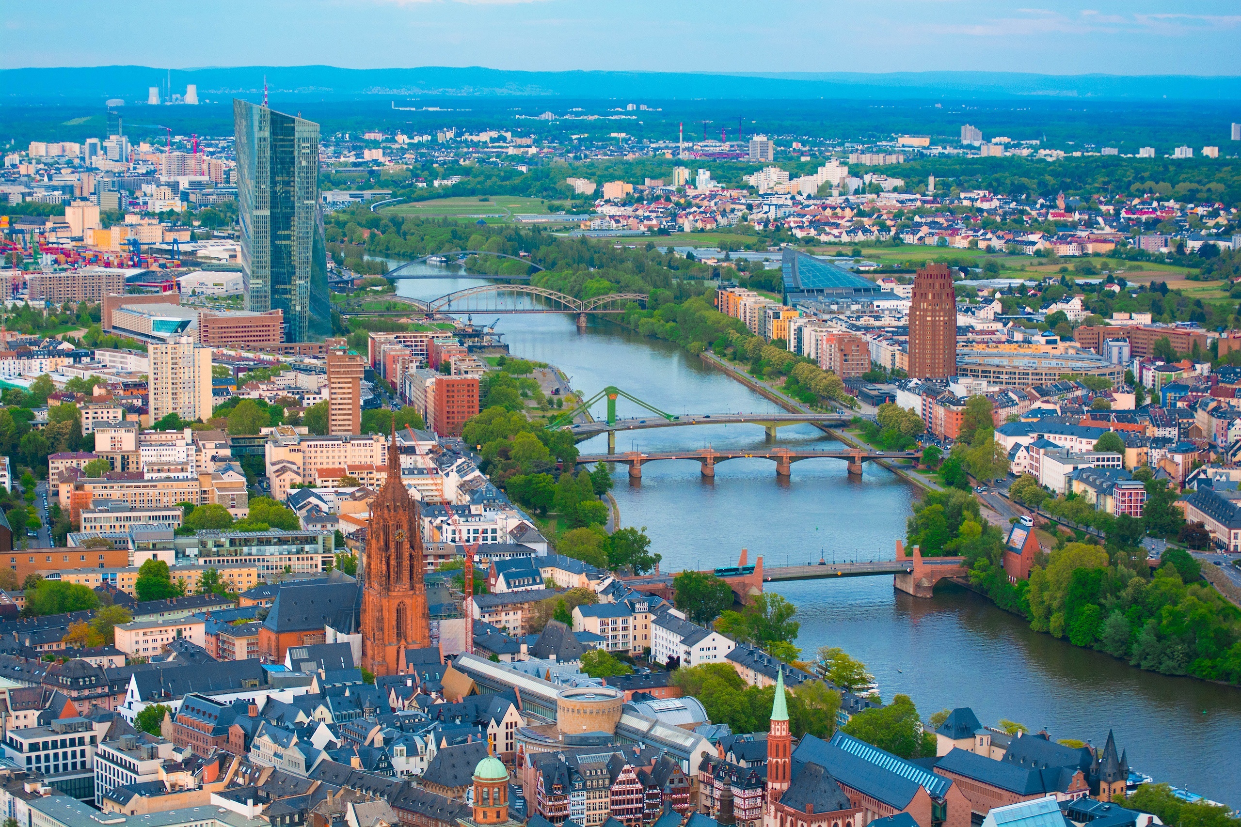 Frankfurt skyline with bridges over the Main River HD Wallpaper