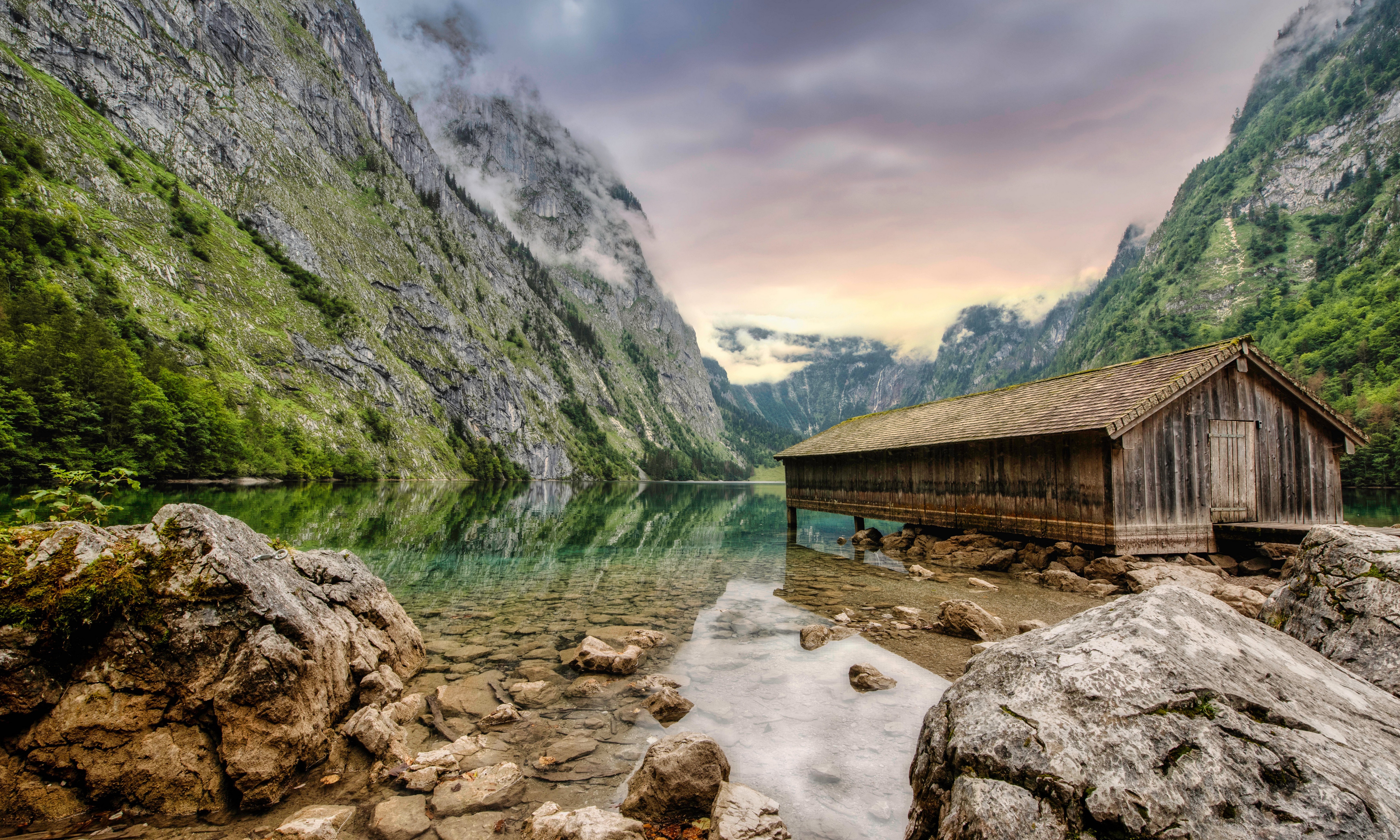 Obersee Lake with Wooden Boathouse in Bavarian Alps, Germany HD Wallpaper