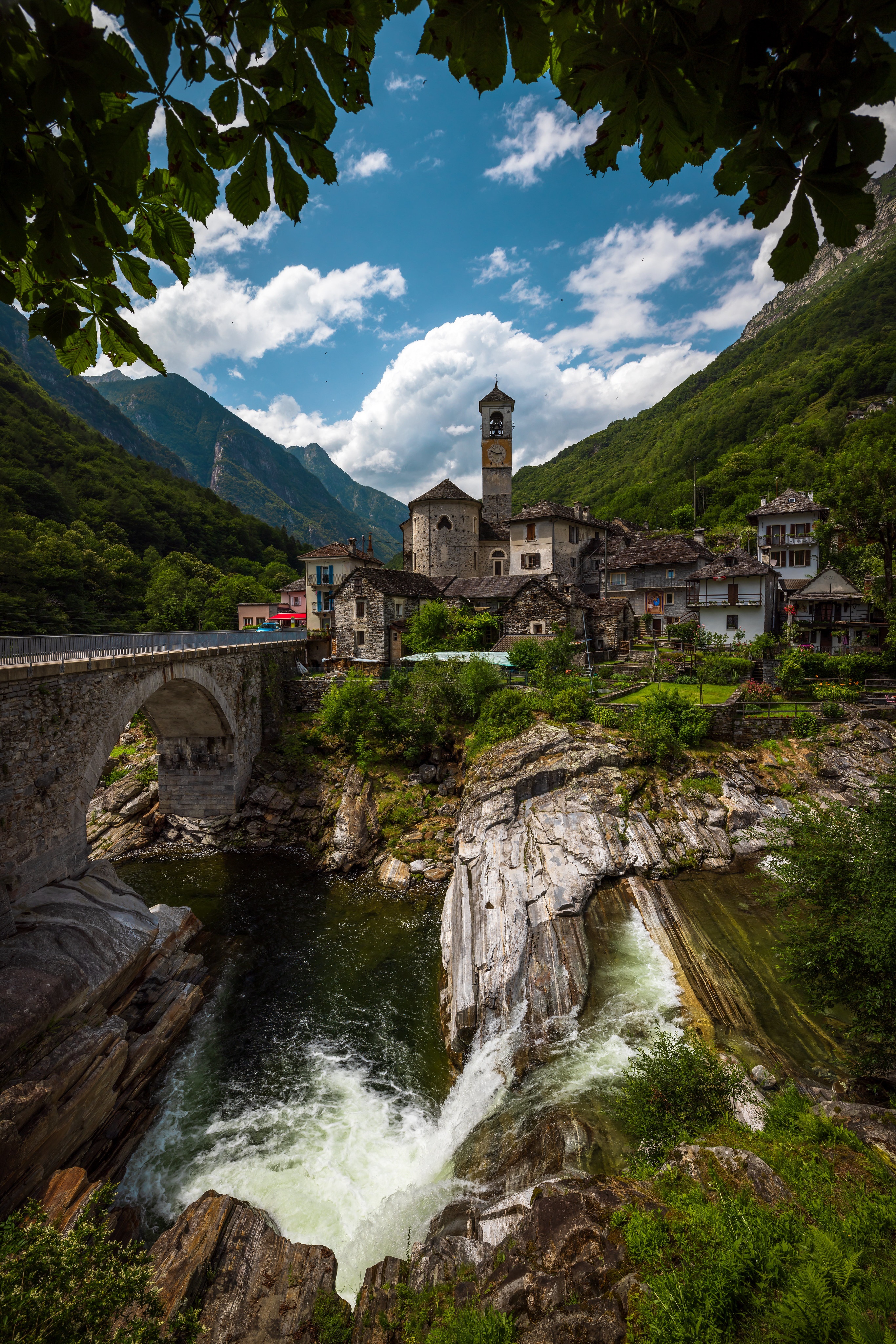 Lavertezzo, Switzerland: Stone Bridge Over a River in the Alps HD Phone Wallpaper