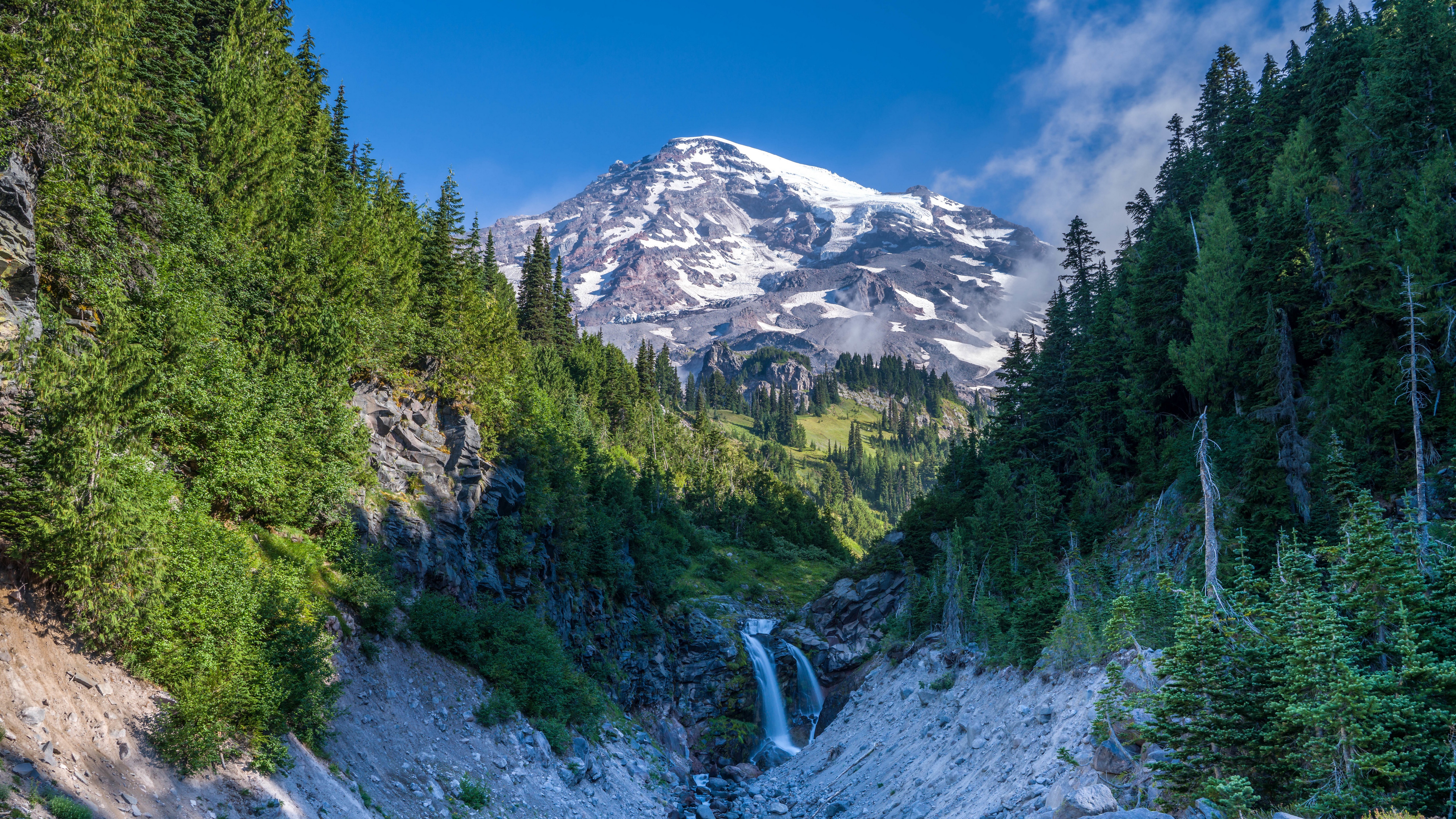 Mount Rainier National Park Waterfall and Mountain HD Wallpaper