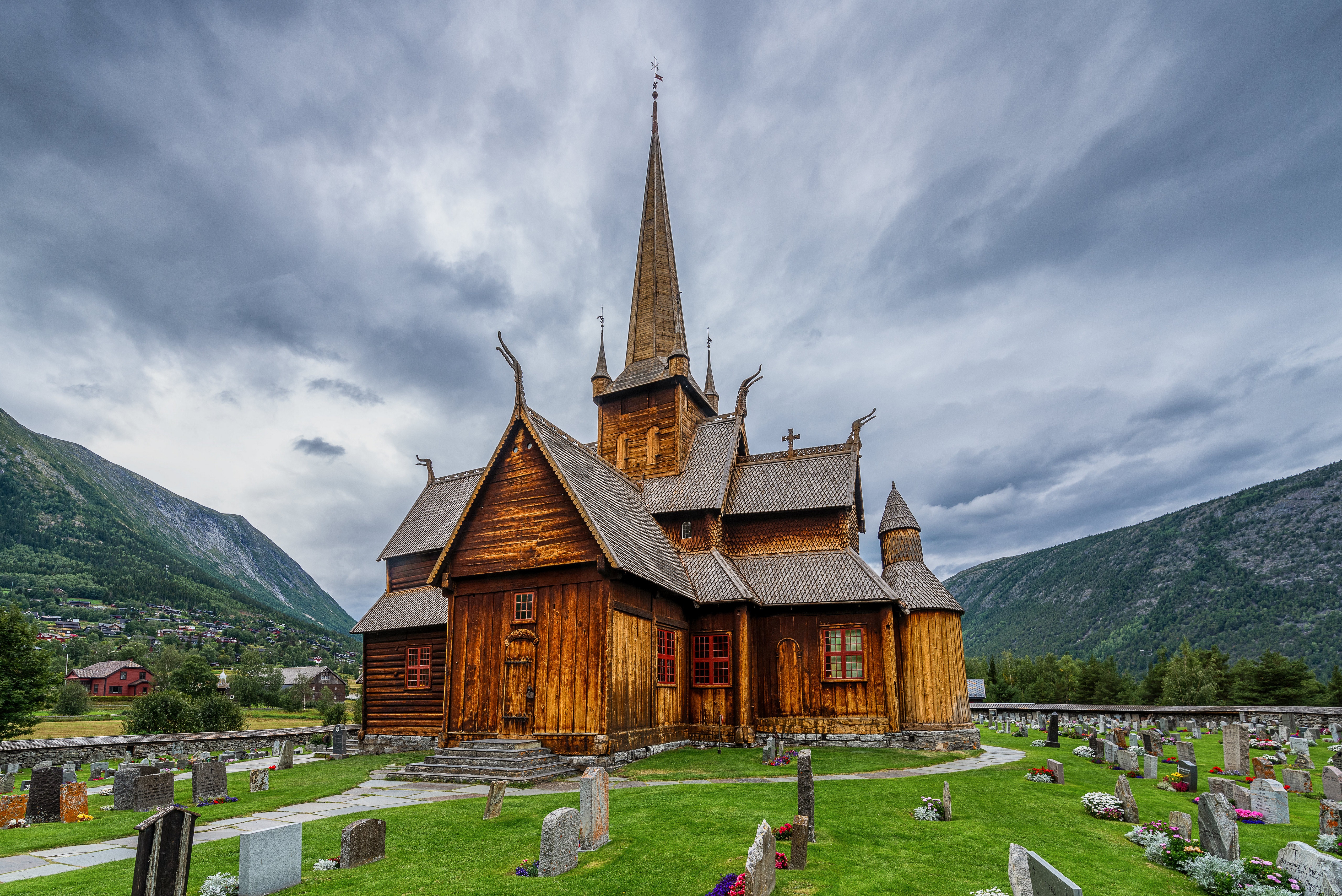 Wooden Church in Lom, Norway with Mountains HD Wallpaper