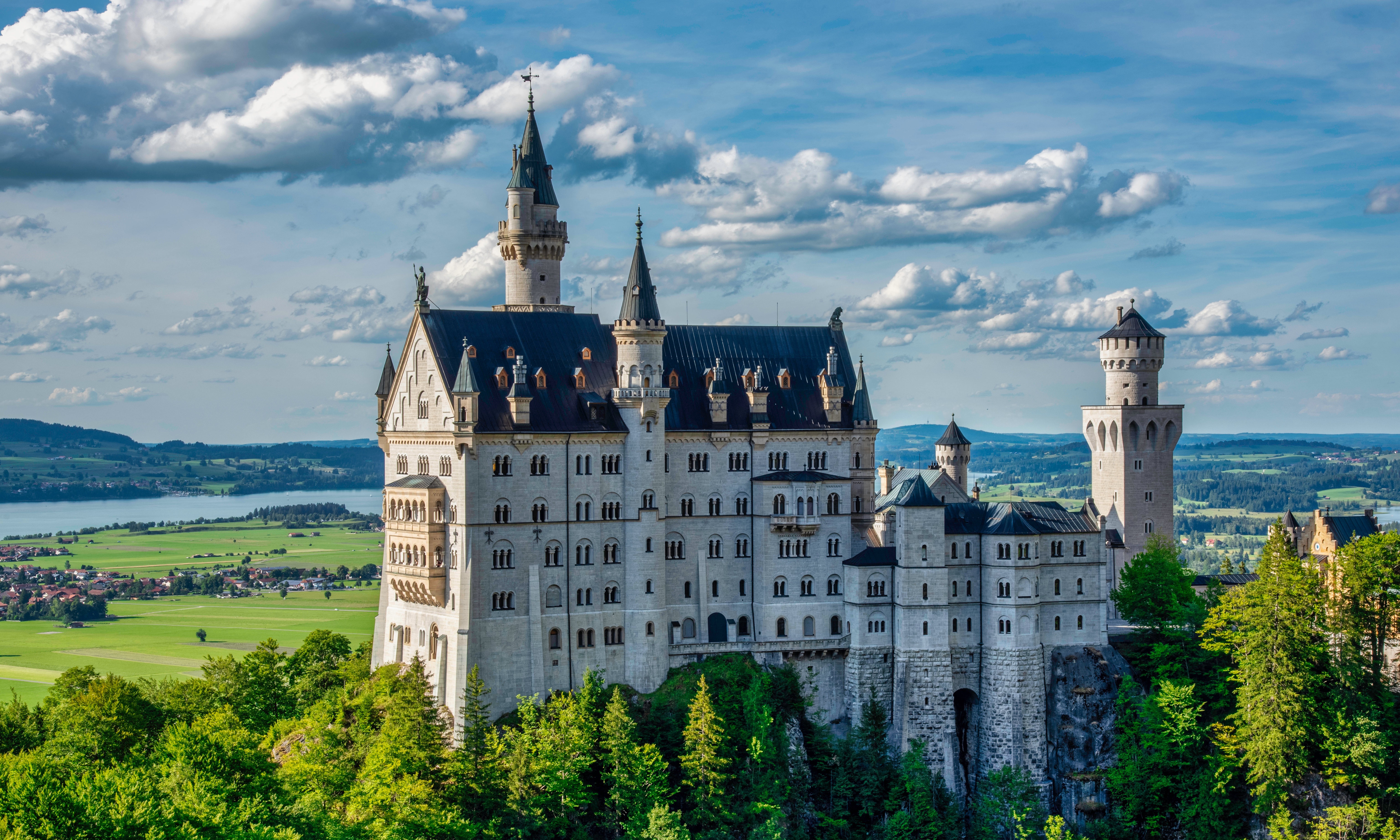 Neuschwanstein Castle in Germany with Clouds and Towers HD Wallpaper