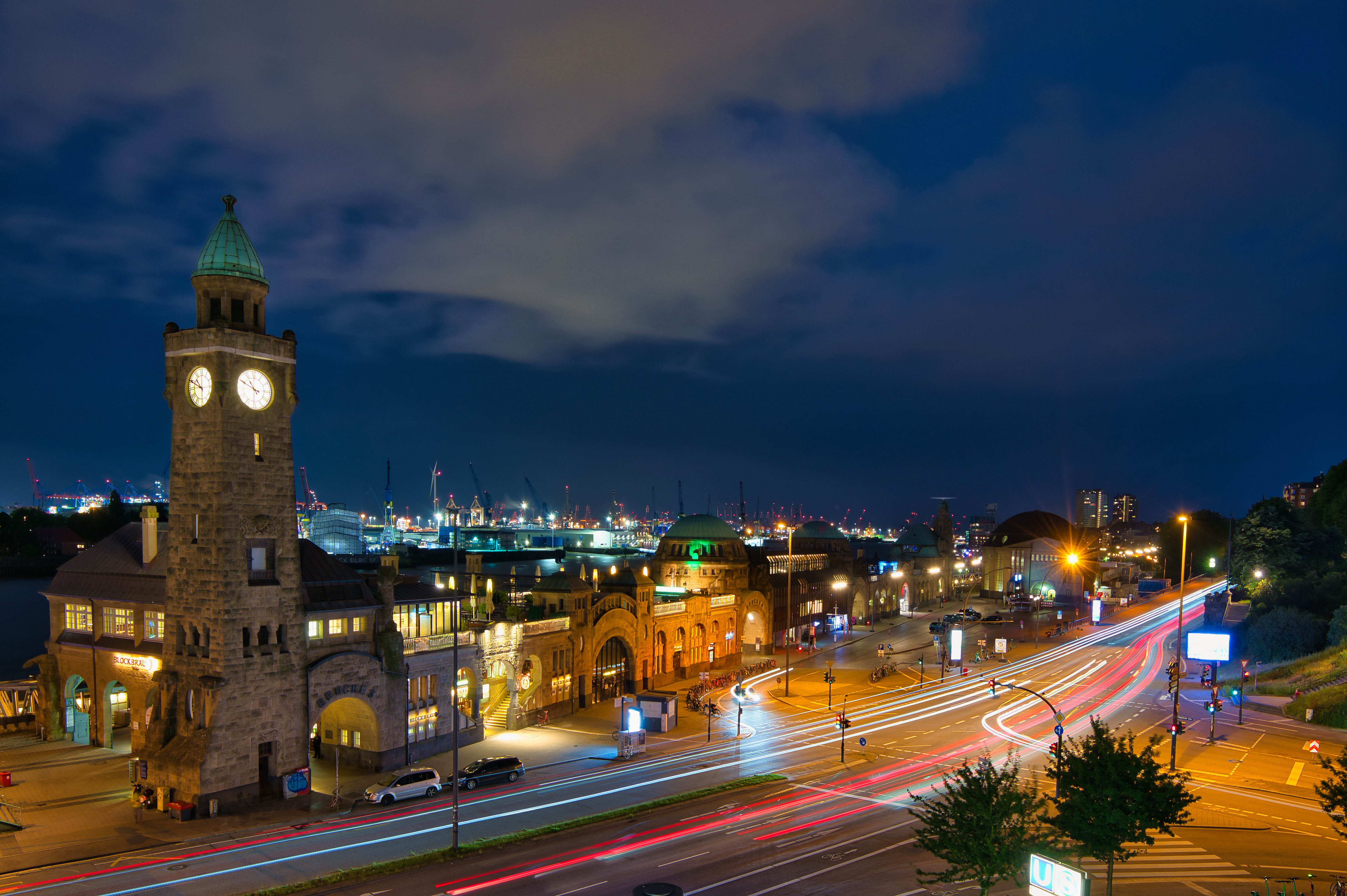 Stintfang Tower and Hamburg Harbor at Night HD Wallpaper