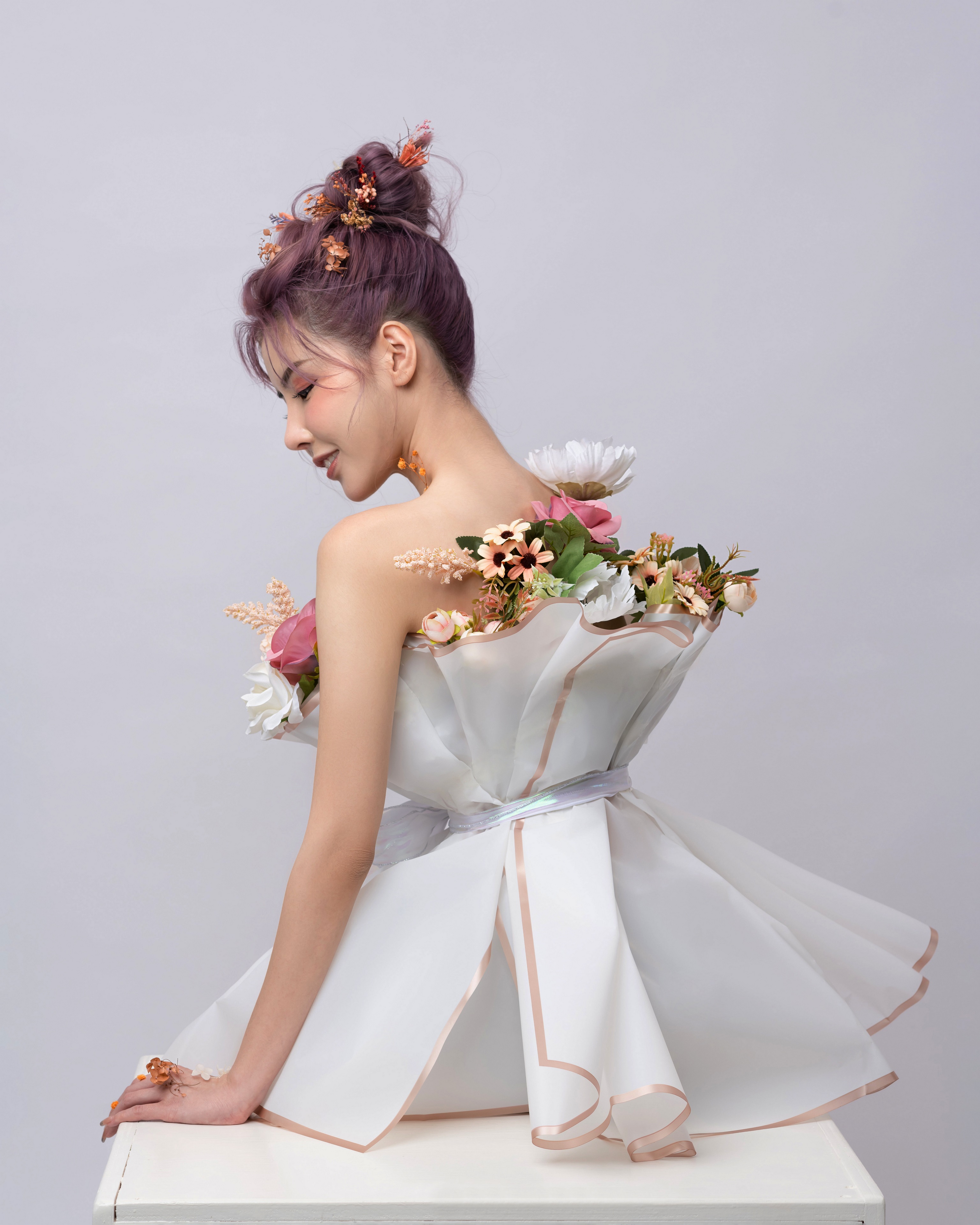 Asian woman with flowers in hair and dress HD Phone Wallpaper