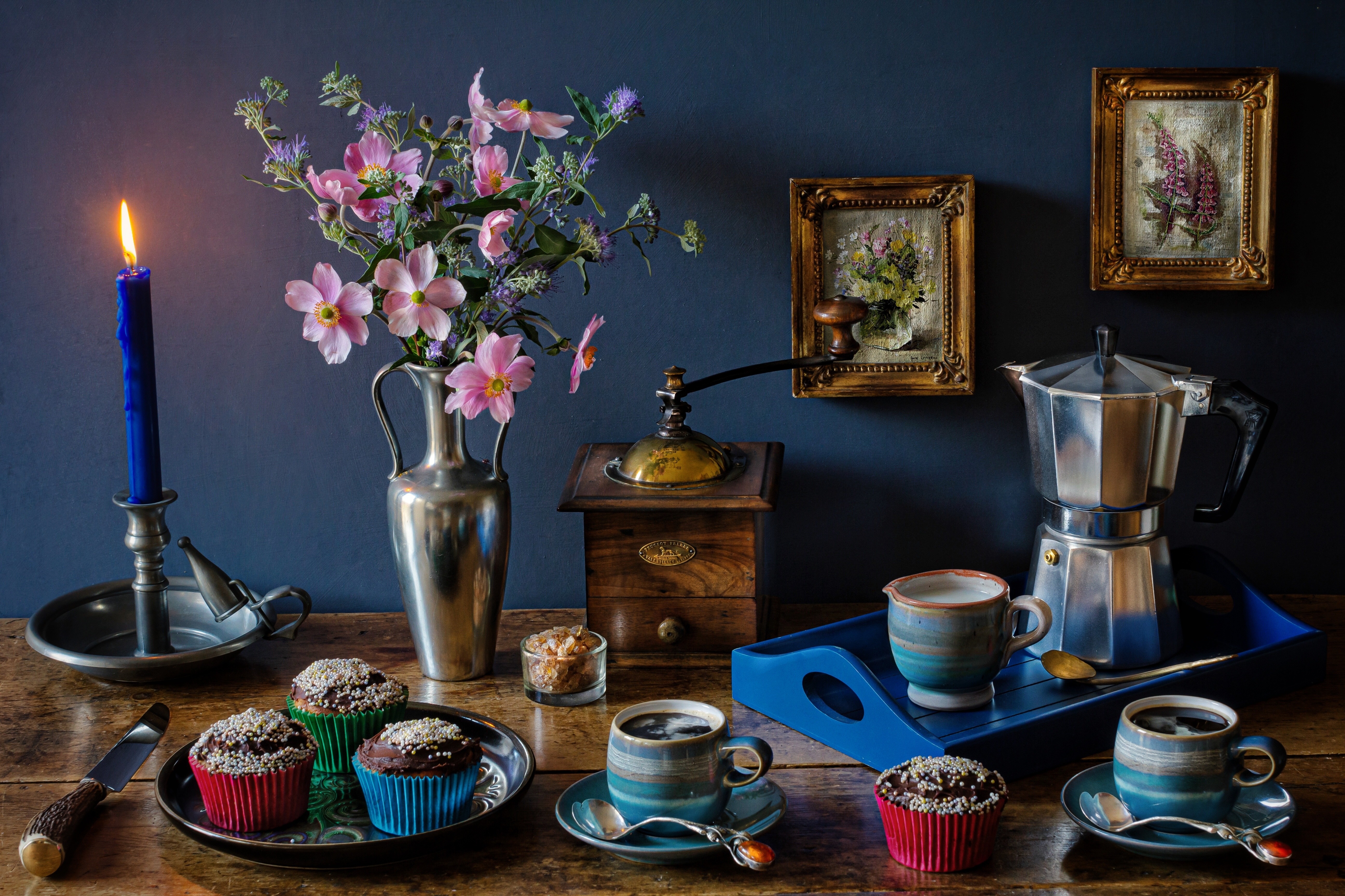Still-life with coffee, cupcakes, and flowers HD Wallpaper