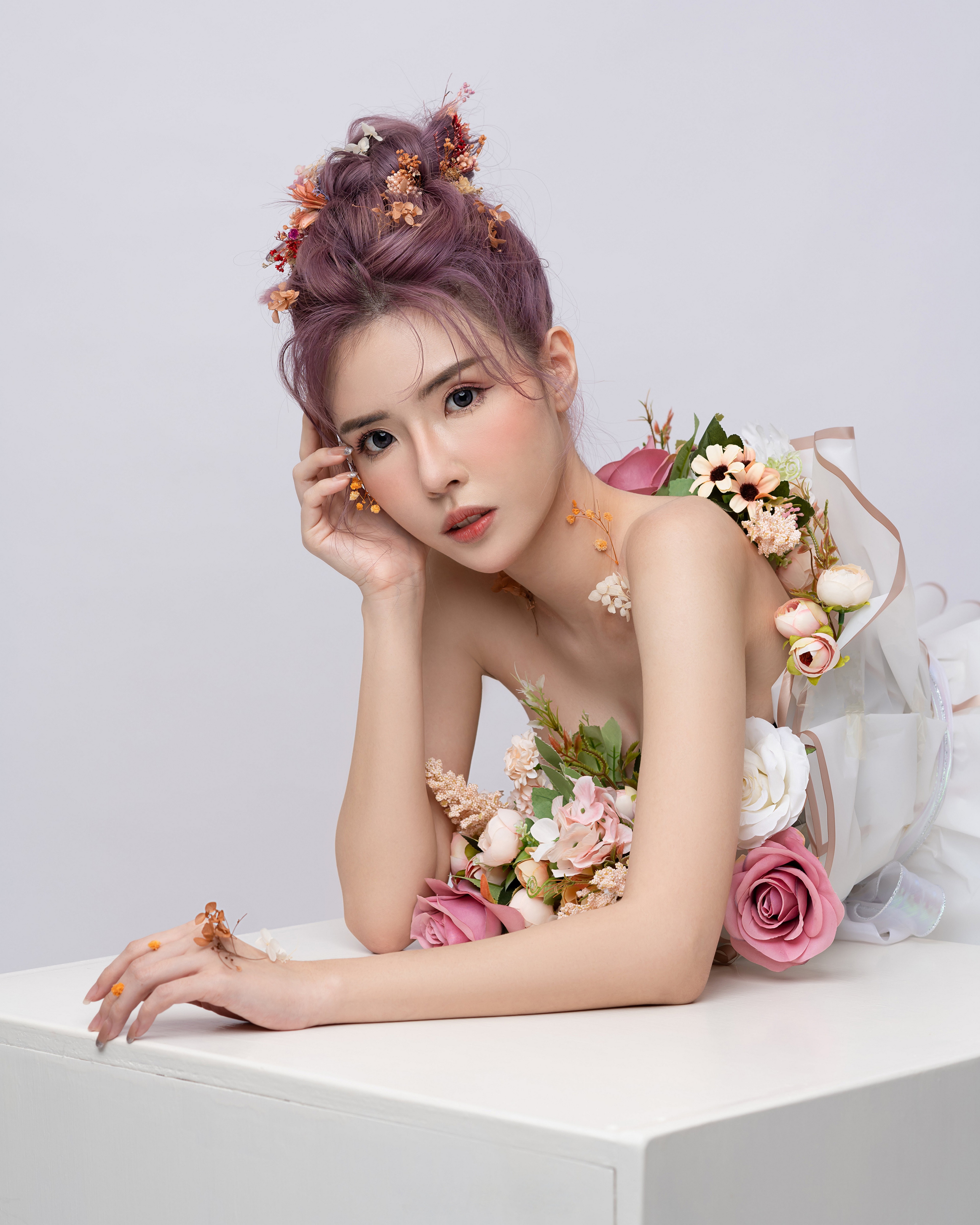 Asian woman with purple hair and flowers HD Phone Wallpaper