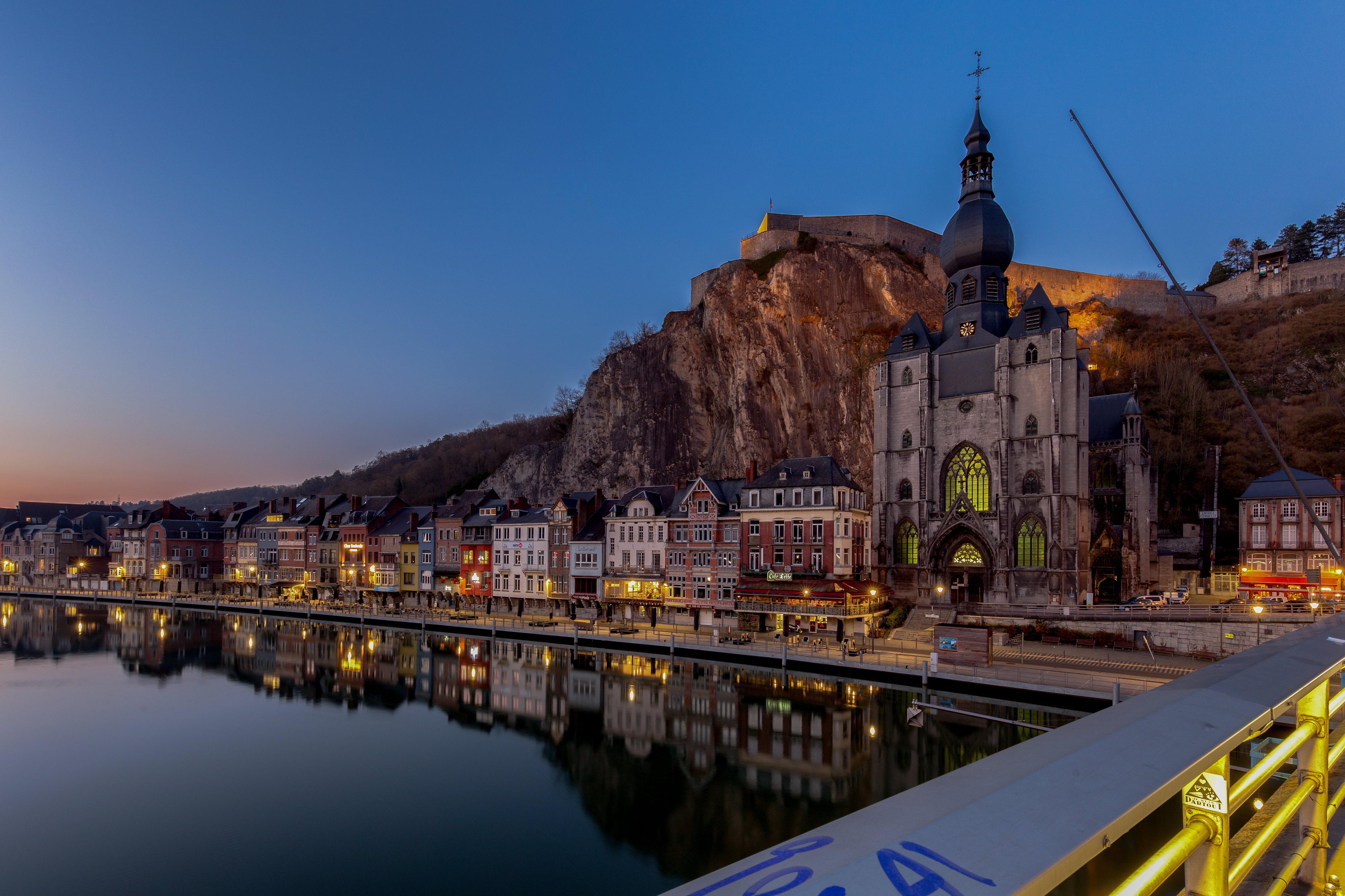 Dinant, Belgium: Church, River, and Mountains at Dusk HD Wallpaper