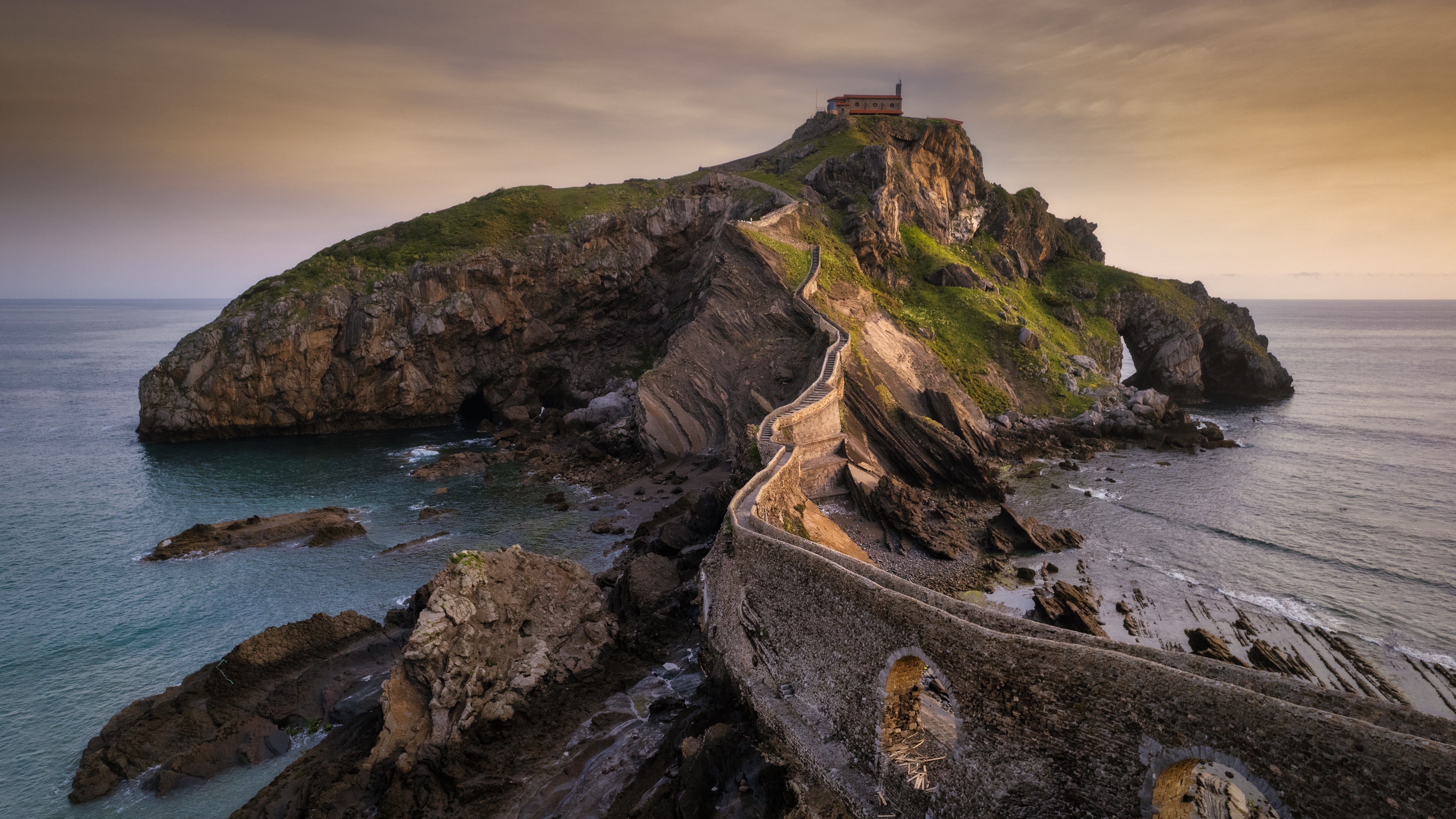 Gaztelugatxeko Island with Stone Bridge and Church, Spain HD Wallpaper