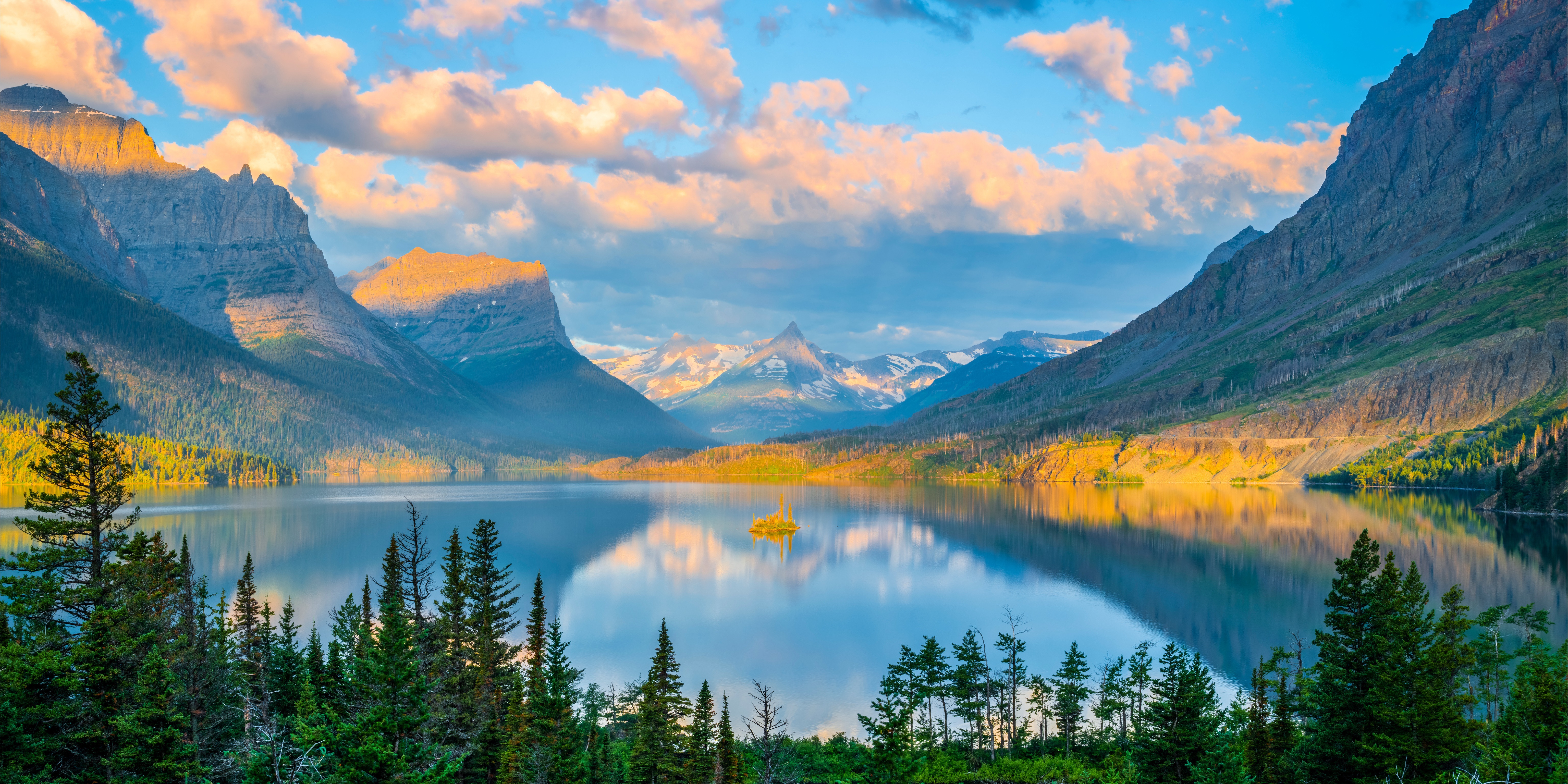 Glacier National Park Mountains and Lake at Sunrise HD Wallpaper