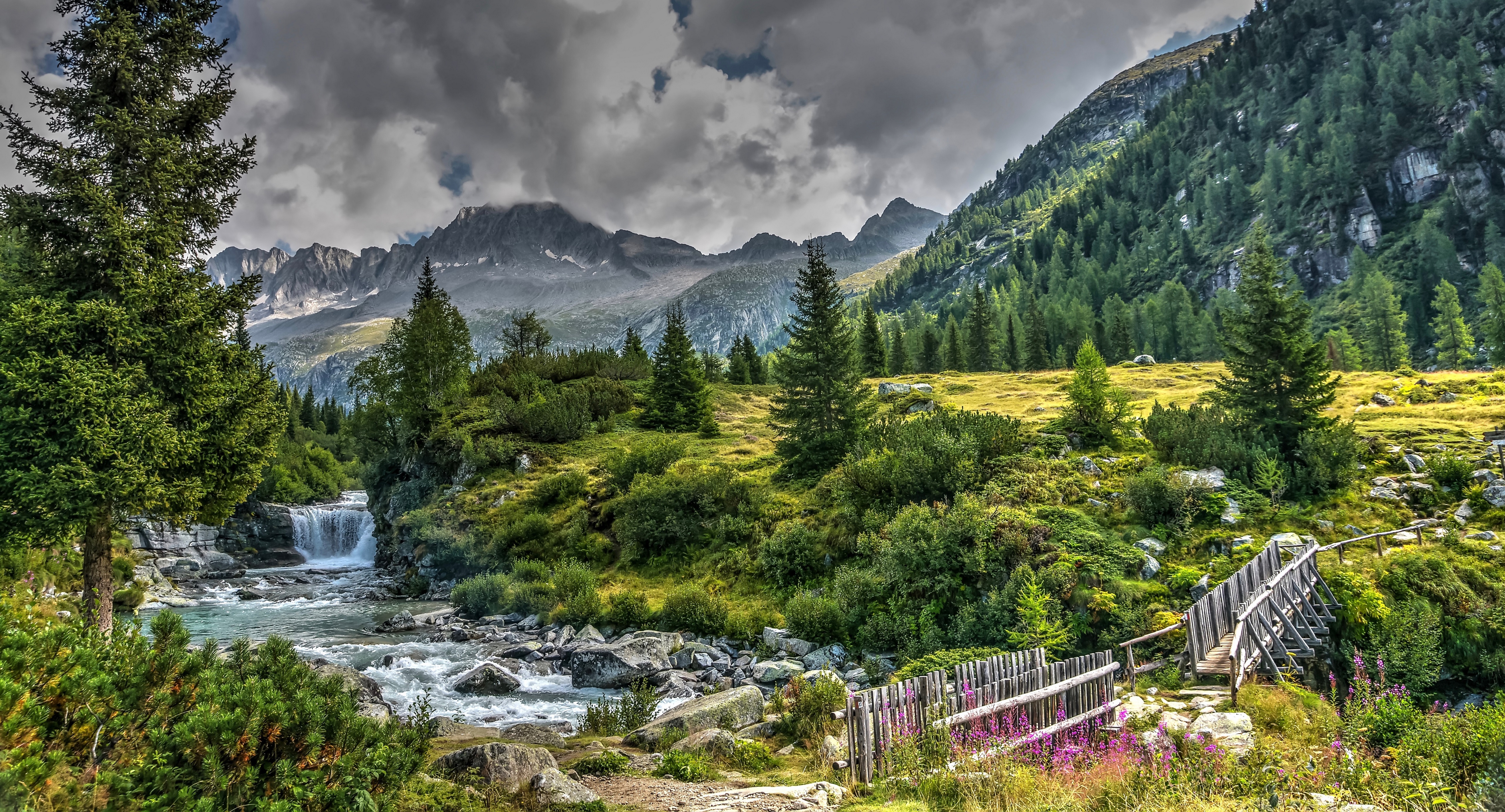 Trentino Italy Mountains River and Bridge Scenery HD Wallpaper