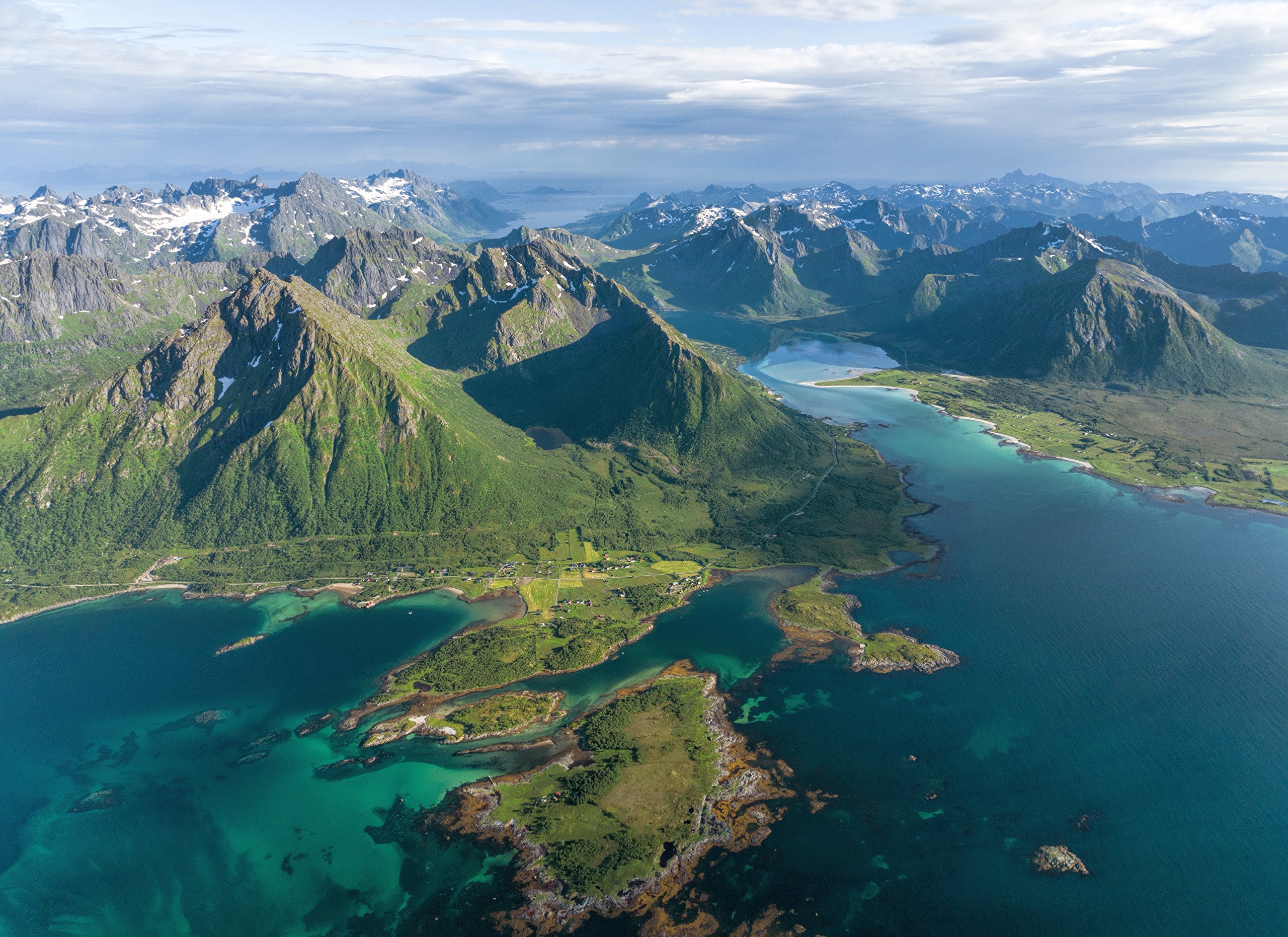 Aerial view of Lofoten mountains and coastline in Norway HD Wallpaper