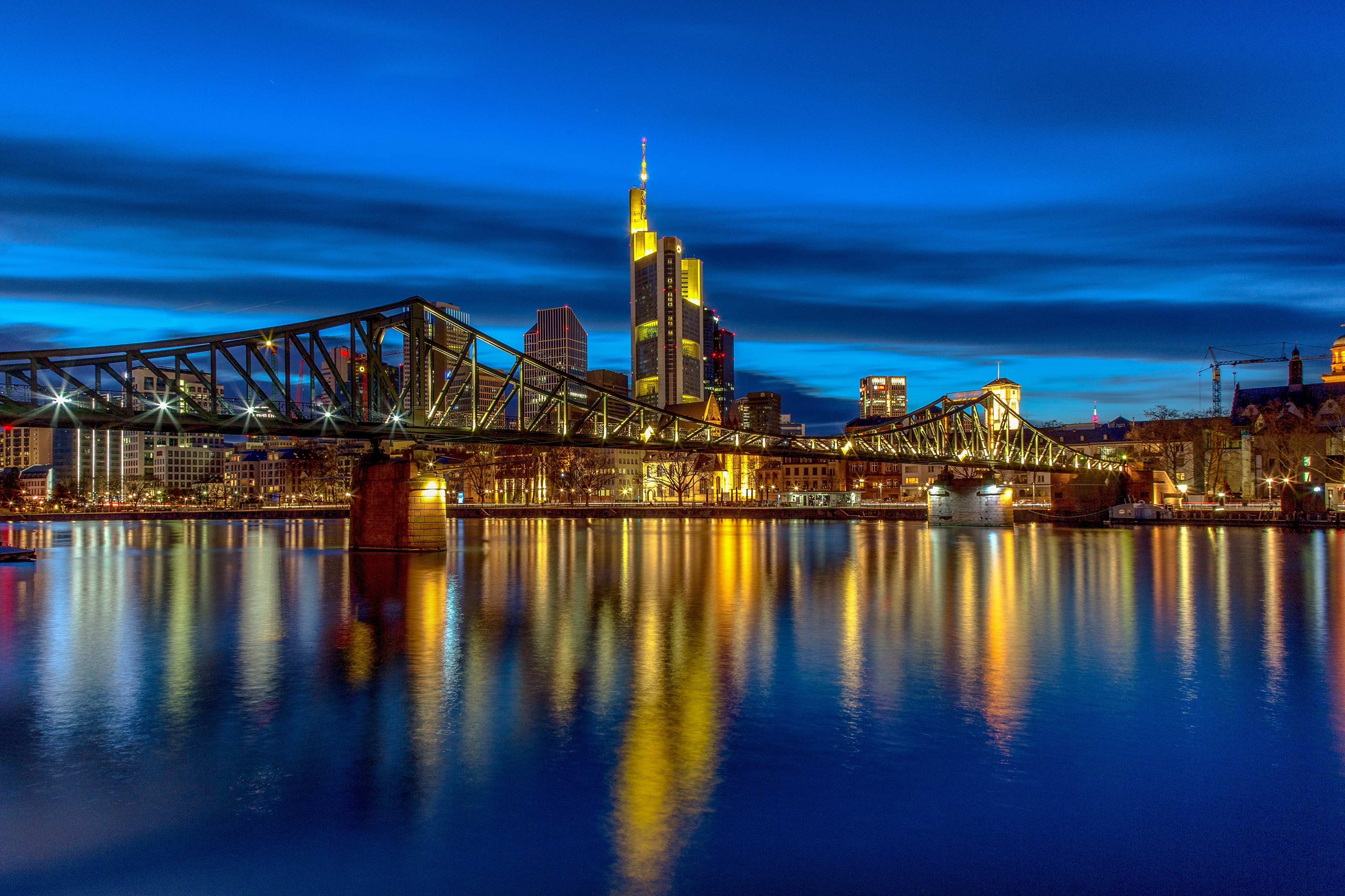 4K Frankfurt Germany River and Bridges at Night HD Wallpaper