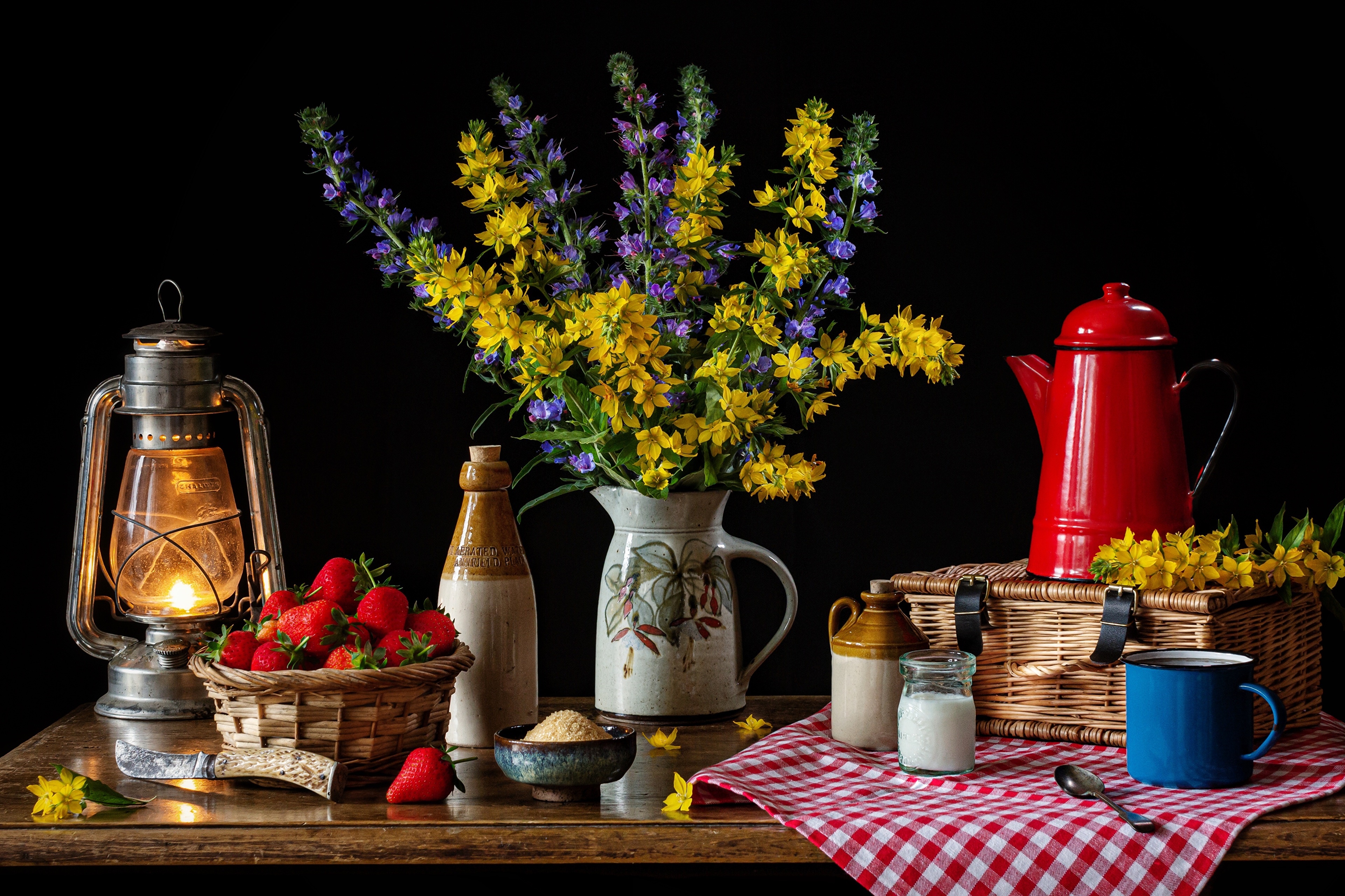 Still-life with Kerosene lamp, strawberries, flowers, and red teapot HD Wallpaper