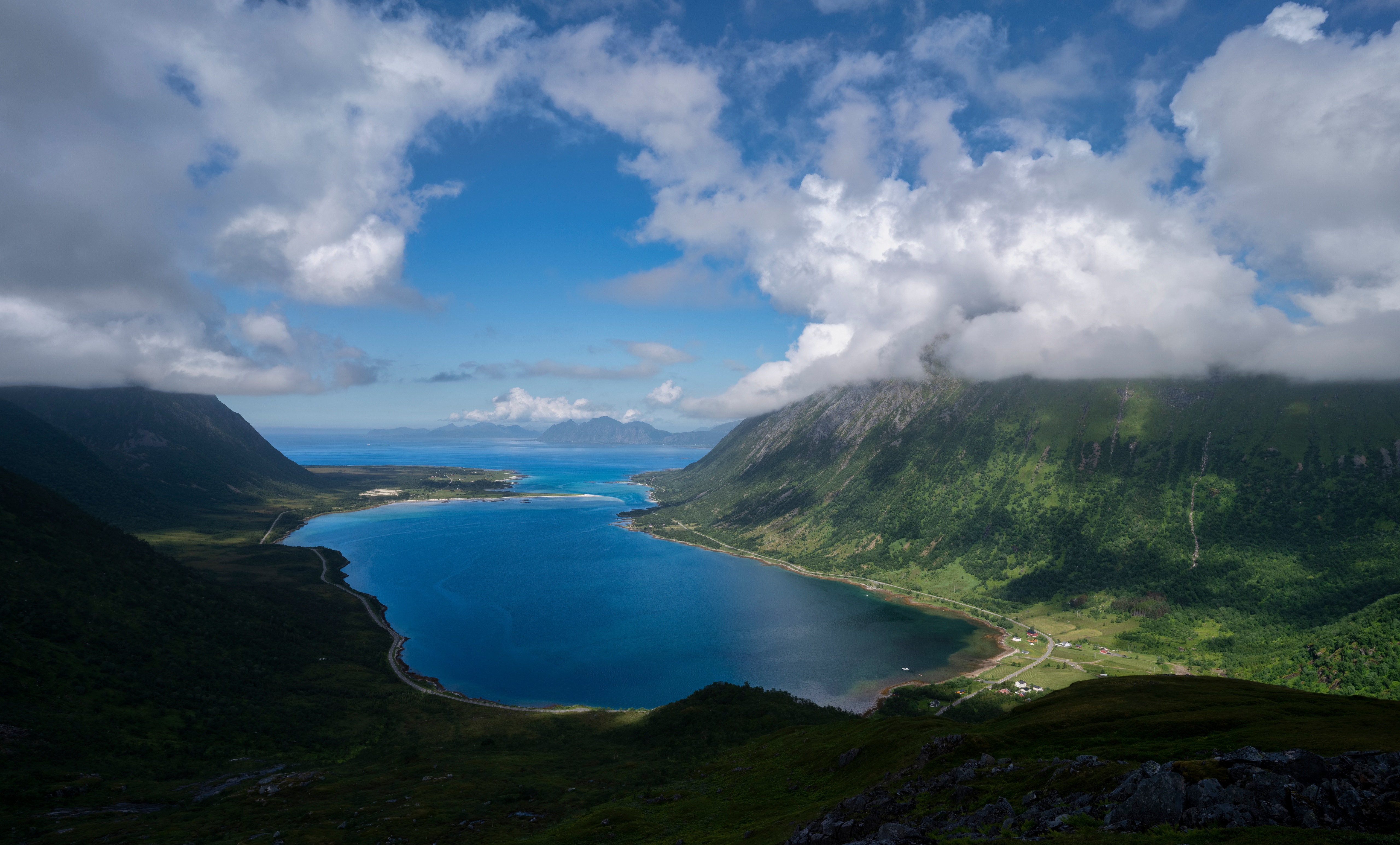 Norway Lofoten Mountains and Fjord under Clouds HD Wallpaper