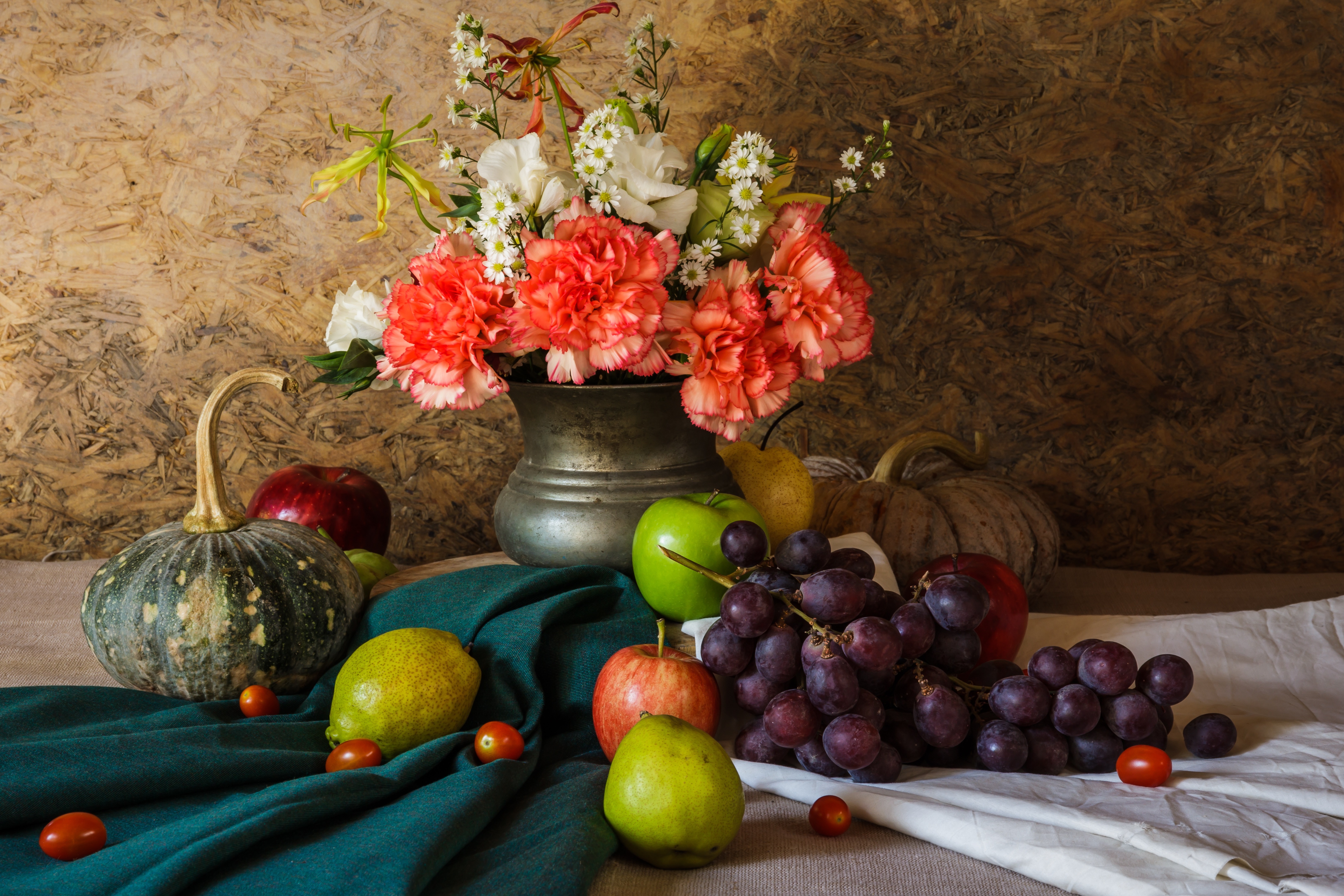 Still-life with Flowers, Grapes, Apples, Pears, and Pumpkins HD Wallpaper