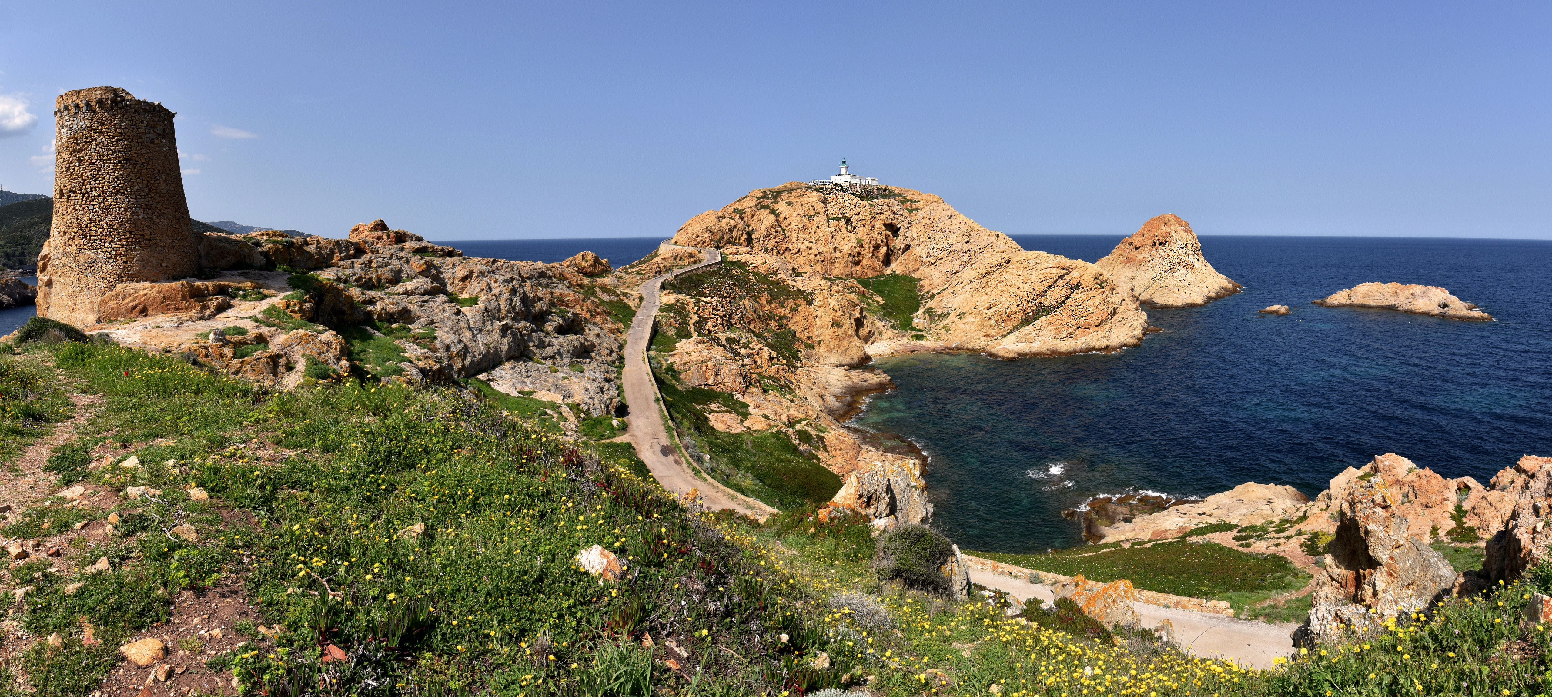 Panorama of L'Ile-Rousse Coast with Tower and Lighthouse, France HD Wallpaper