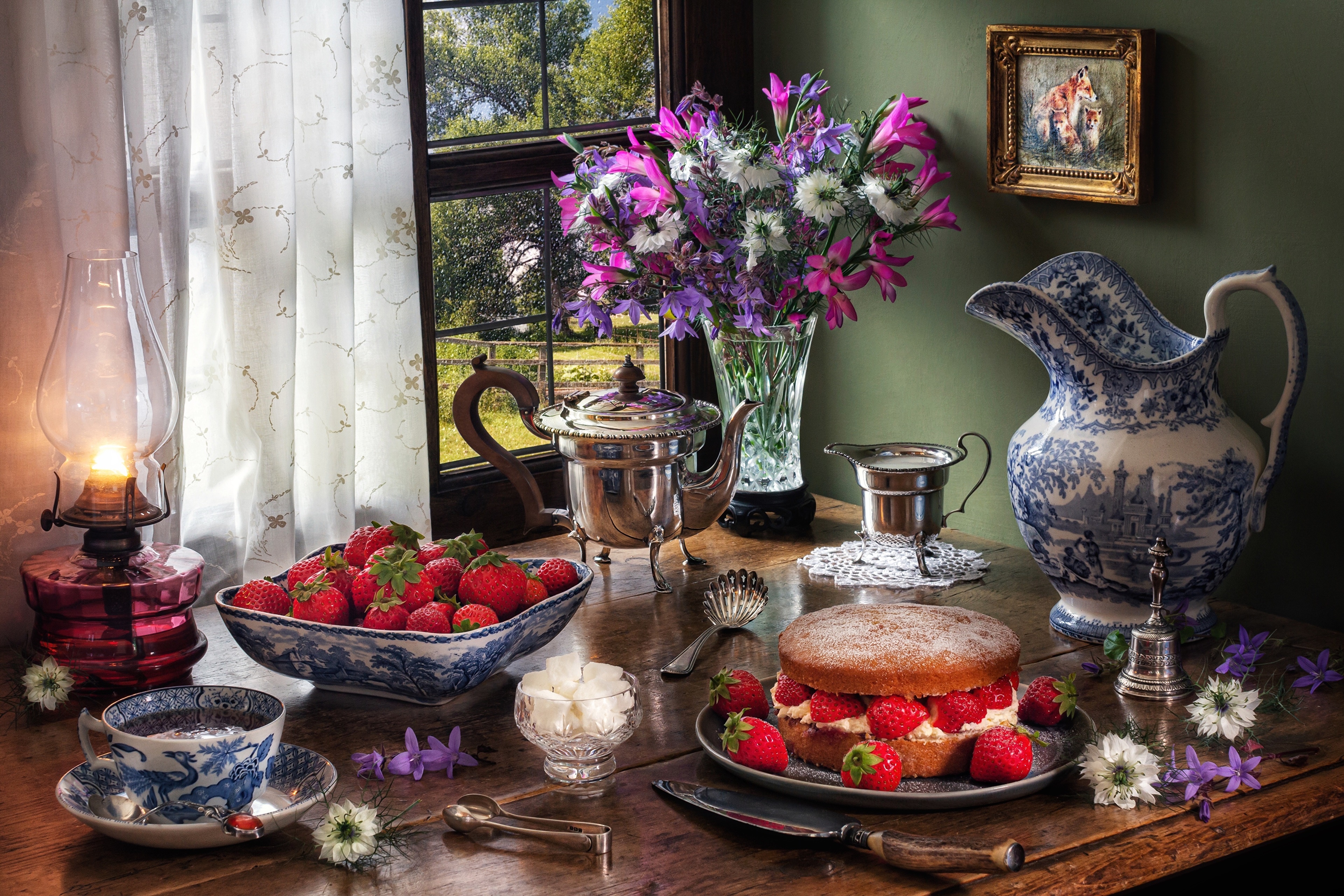 Still-life with strawberries, cake, and flowers HD Wallpaper