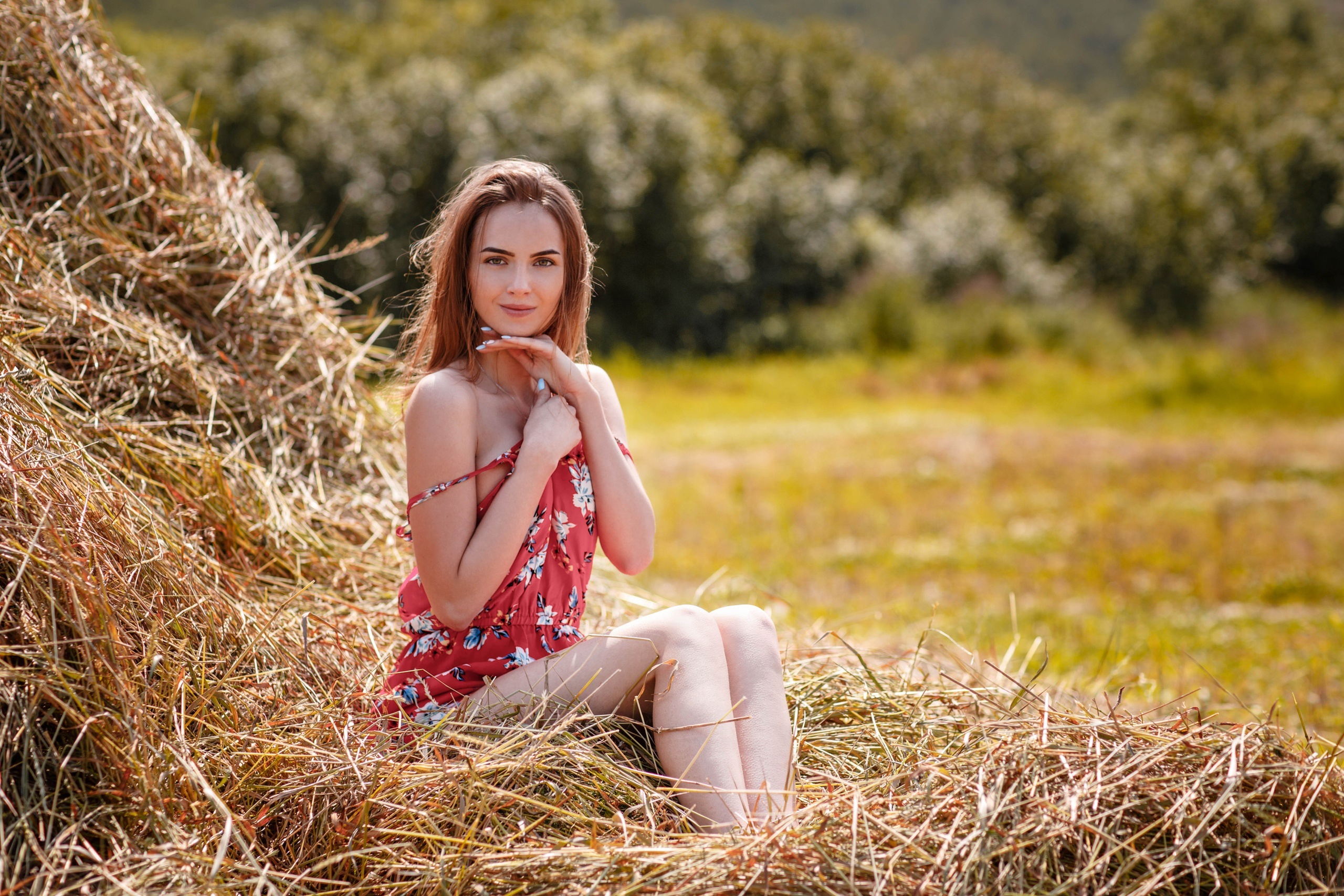 Woman in red dress sitting on hay bale HD Wallpaper
