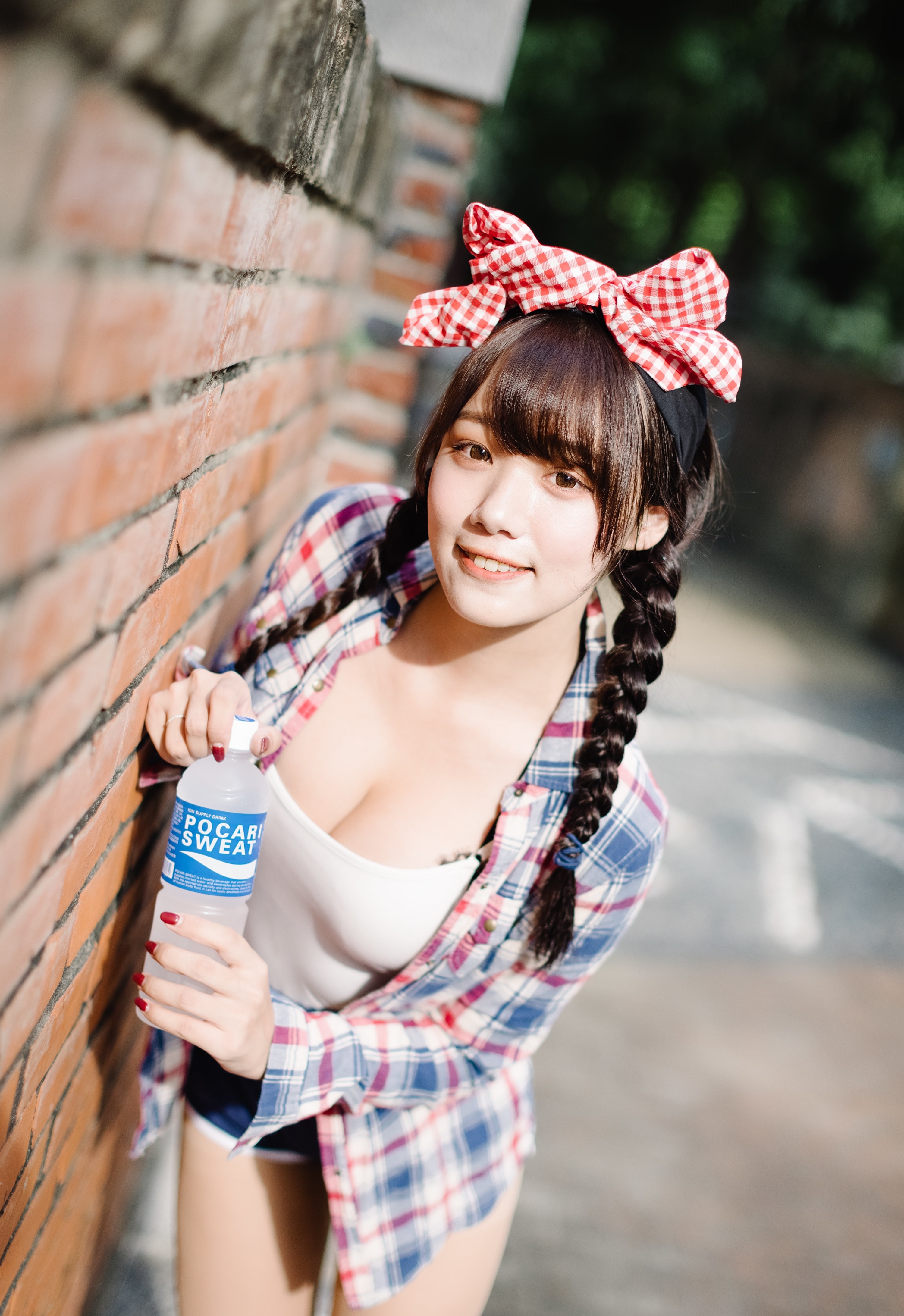 Asian girl with braids holding a Pocari Sweat bottle HD Phone Wallpaper