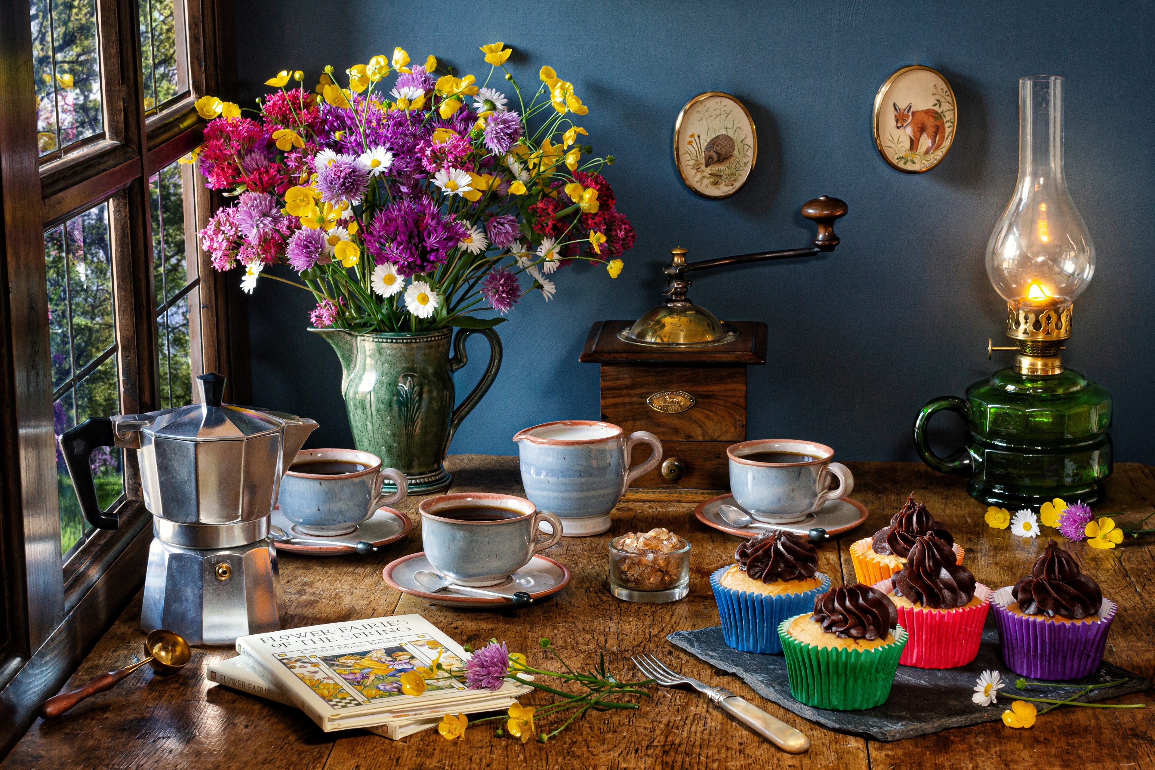 Still-life with coffee, cupcakes, and flowers HD Wallpaper