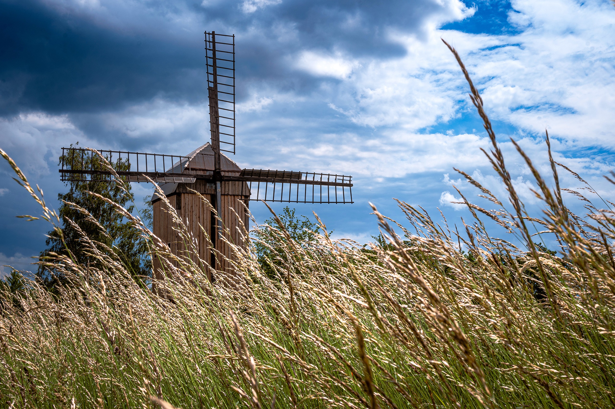Wooden windmill in a field with tall grass and clouds HD Wallpaper